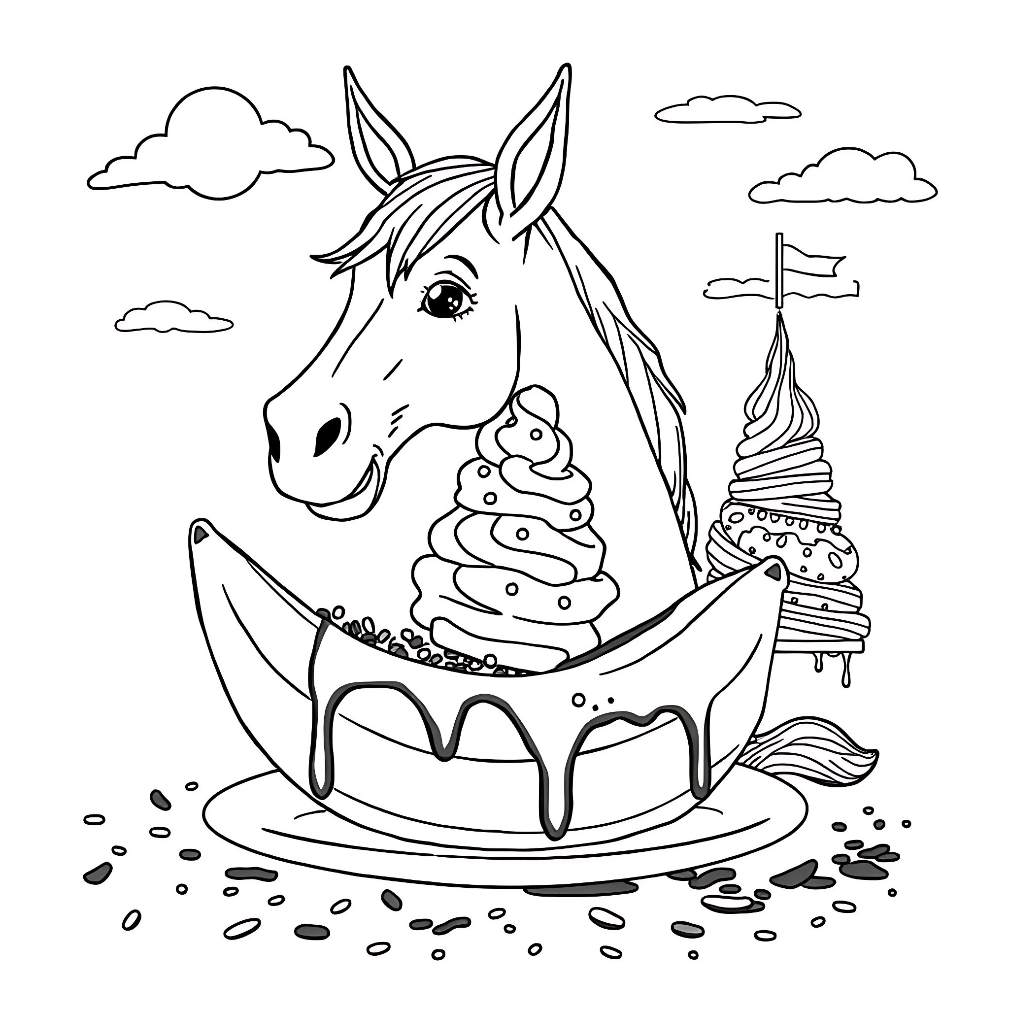Horse with ice cream sundae in a boat Coloring Page (free black-and-white line drawing printable PDF for all, from beginners to advanced learners, including children, teens, adults, and seniors)