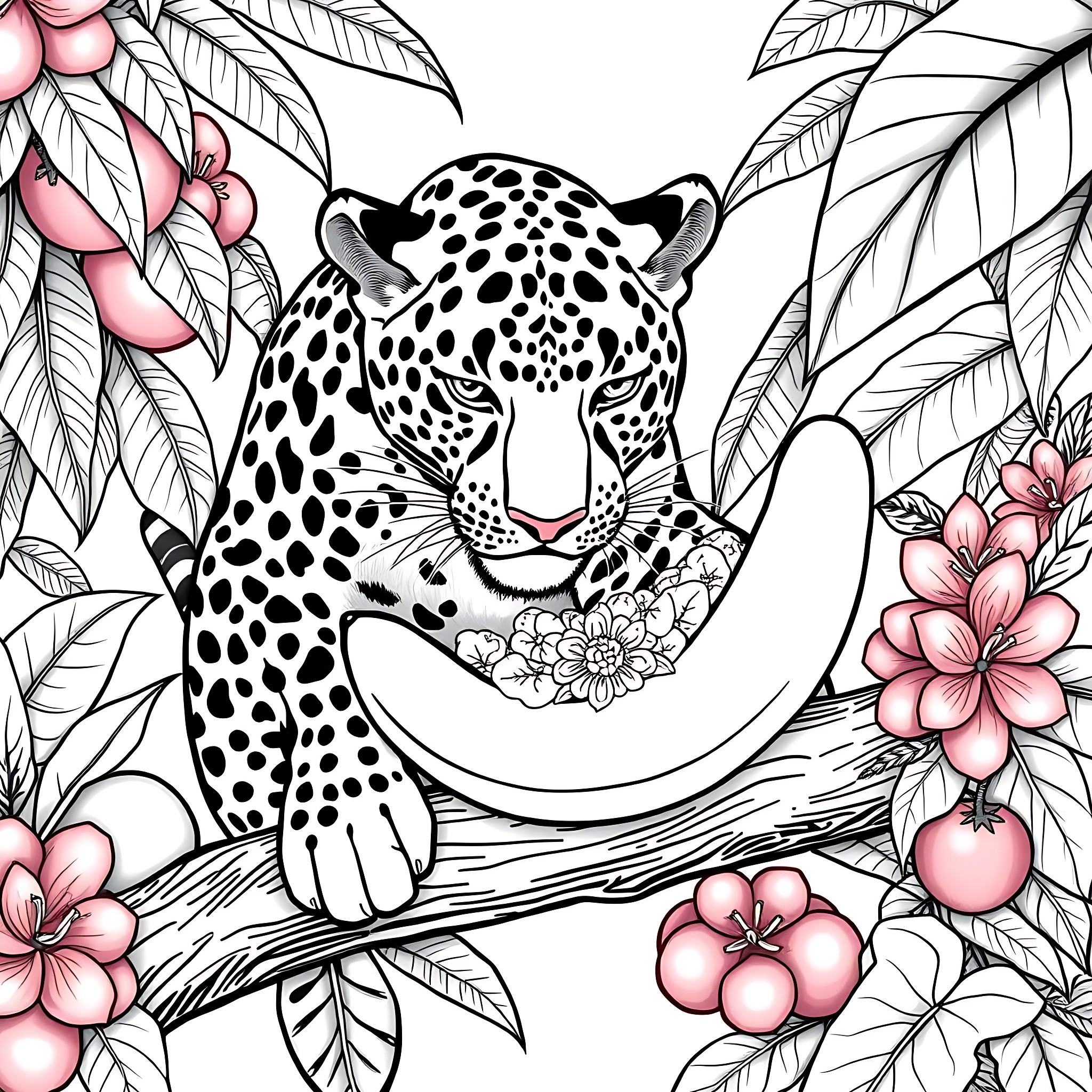 Jaguar resting among tropical flowers Coloring Page (free black-and-white line drawing printable PDF for all, from beginners to advanced learners, including children, teens, adults, and seniors)
