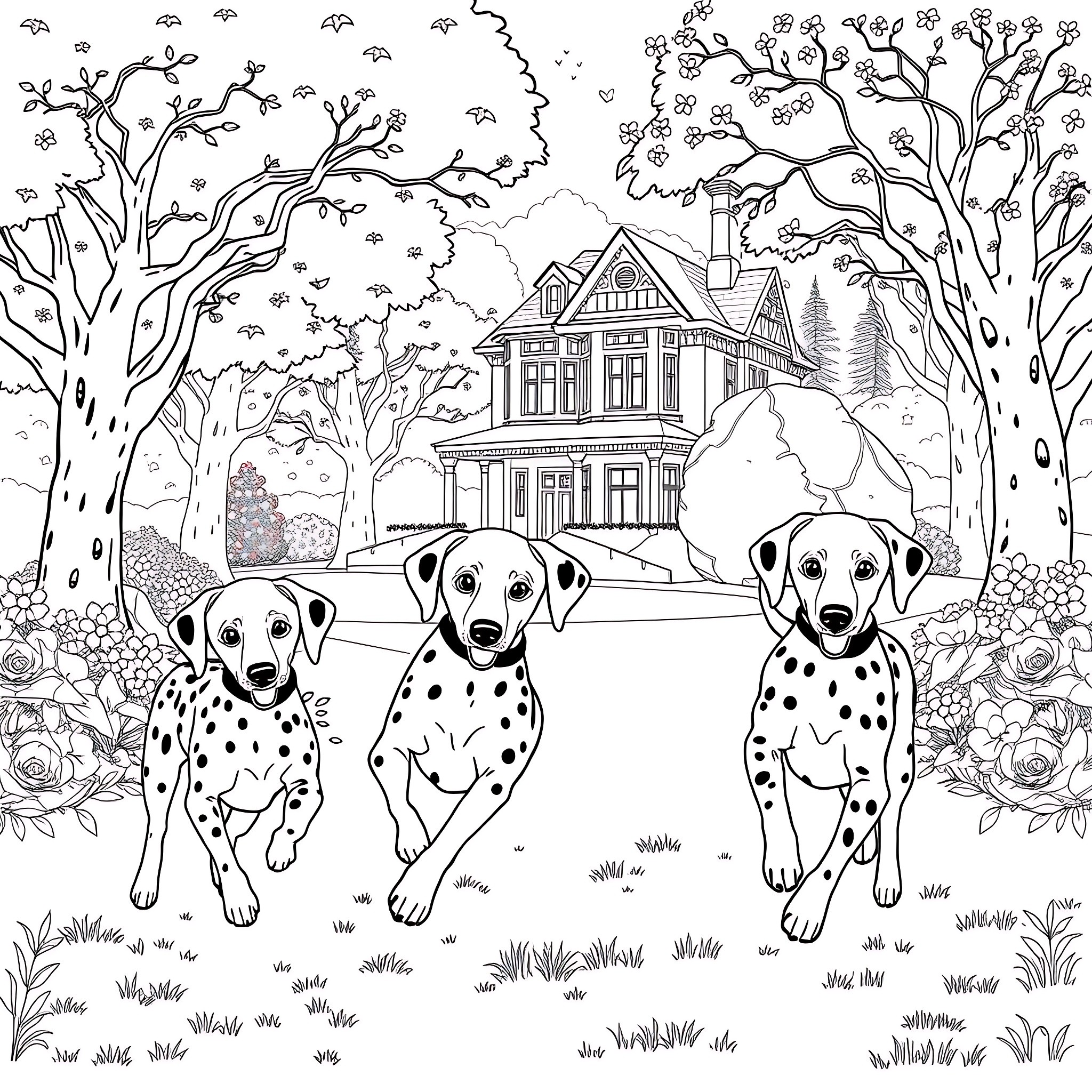 Dalmatian puppies exploring a countryside scene Coloring Page (free black-and-white line drawing printable PDF for all, from beginners to advanced learners, including children, teens, adults, and seniors)