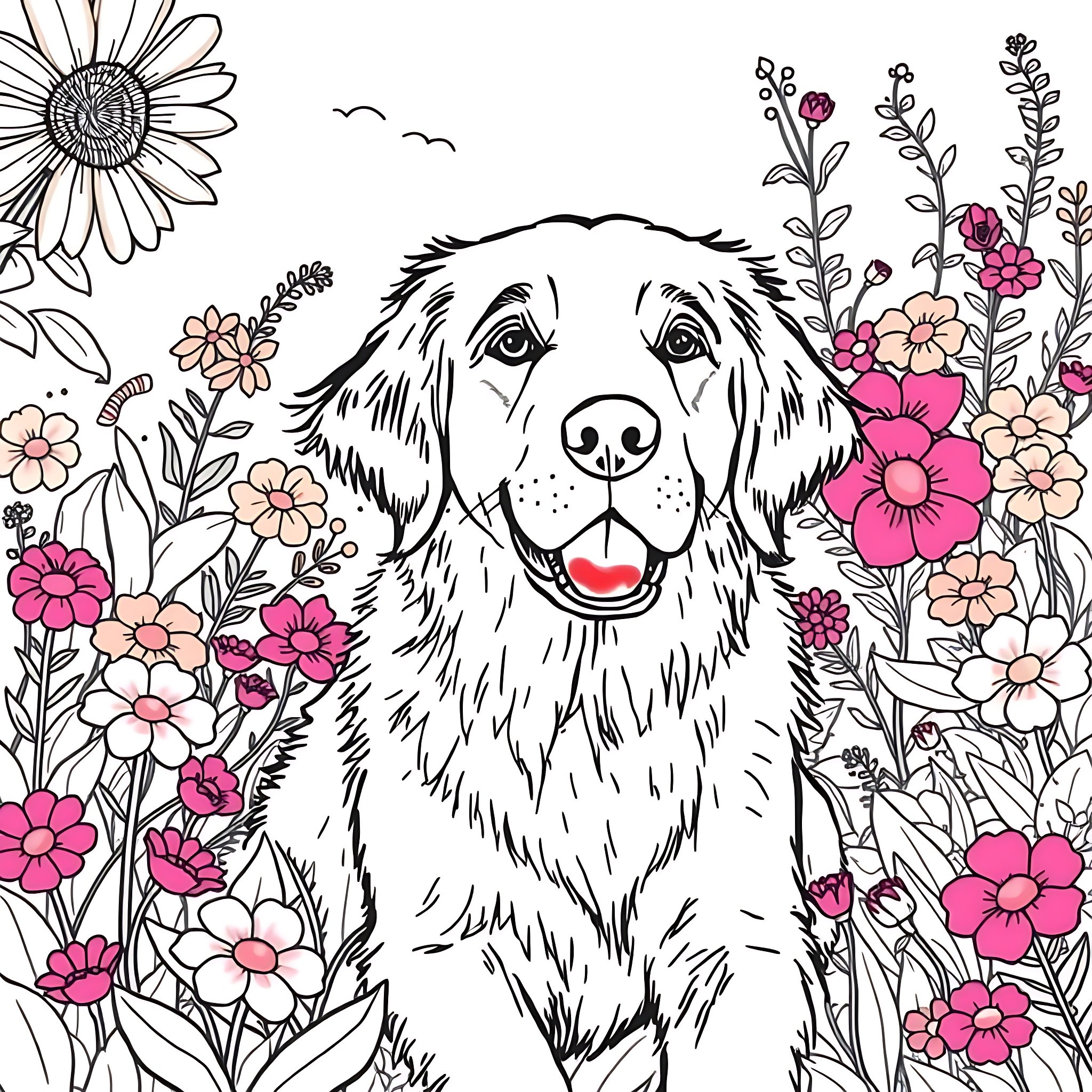 Retriever surrounded by vibrant floral garden Coloring Page (free black-and-white line drawing printable PDF for all, from beginners to advanced learners, including children, teens, adults, and seniors)
