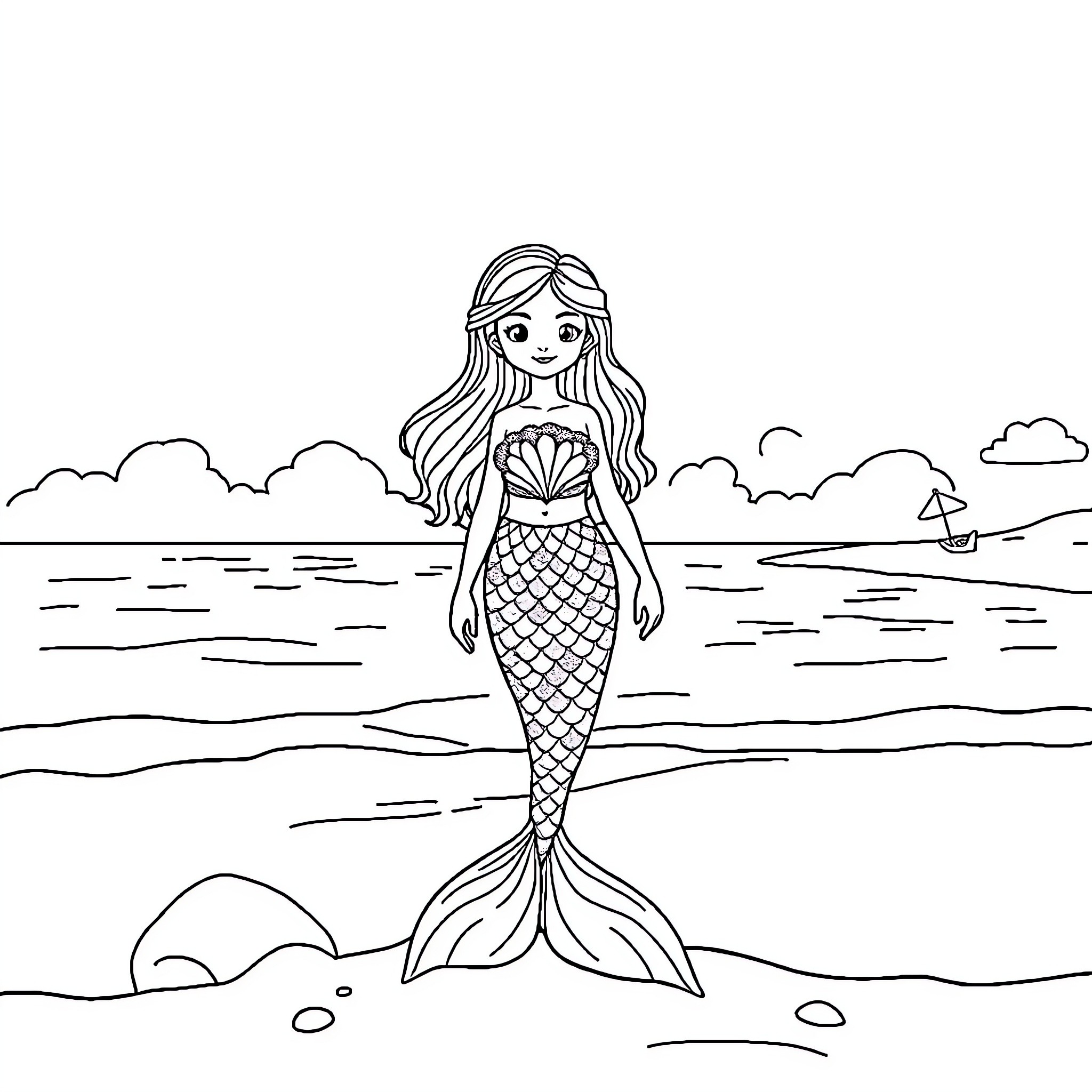 Wiener mermaid posing gracefully by the sea Coloring Page (free black-and-white line drawing printable PDF for all, from beginners to advanced learners, including children, teens, adults, and seniors)