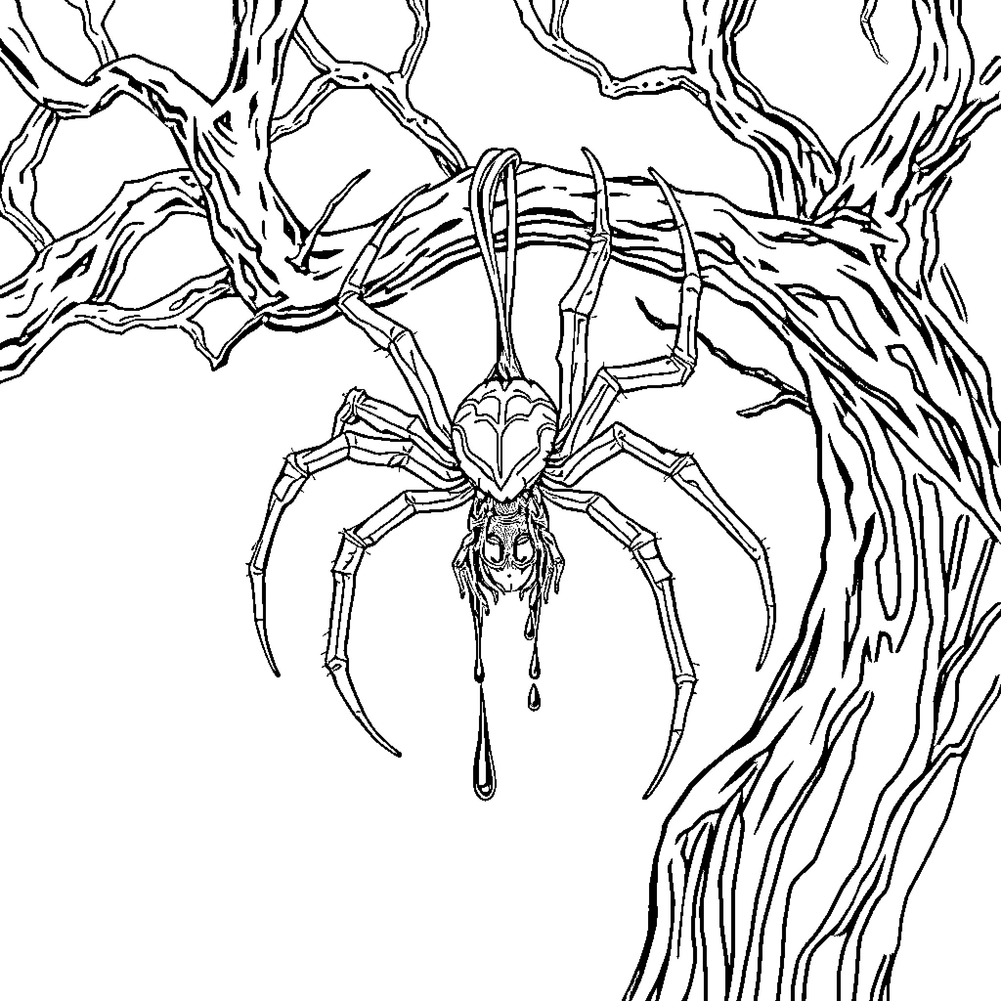 Spider lurking menacingly in the spooky forest Coloring Page (free black-and-white line drawing printable PDF for all, from beginners to advanced learners, including children, teens, adults, and seniors)