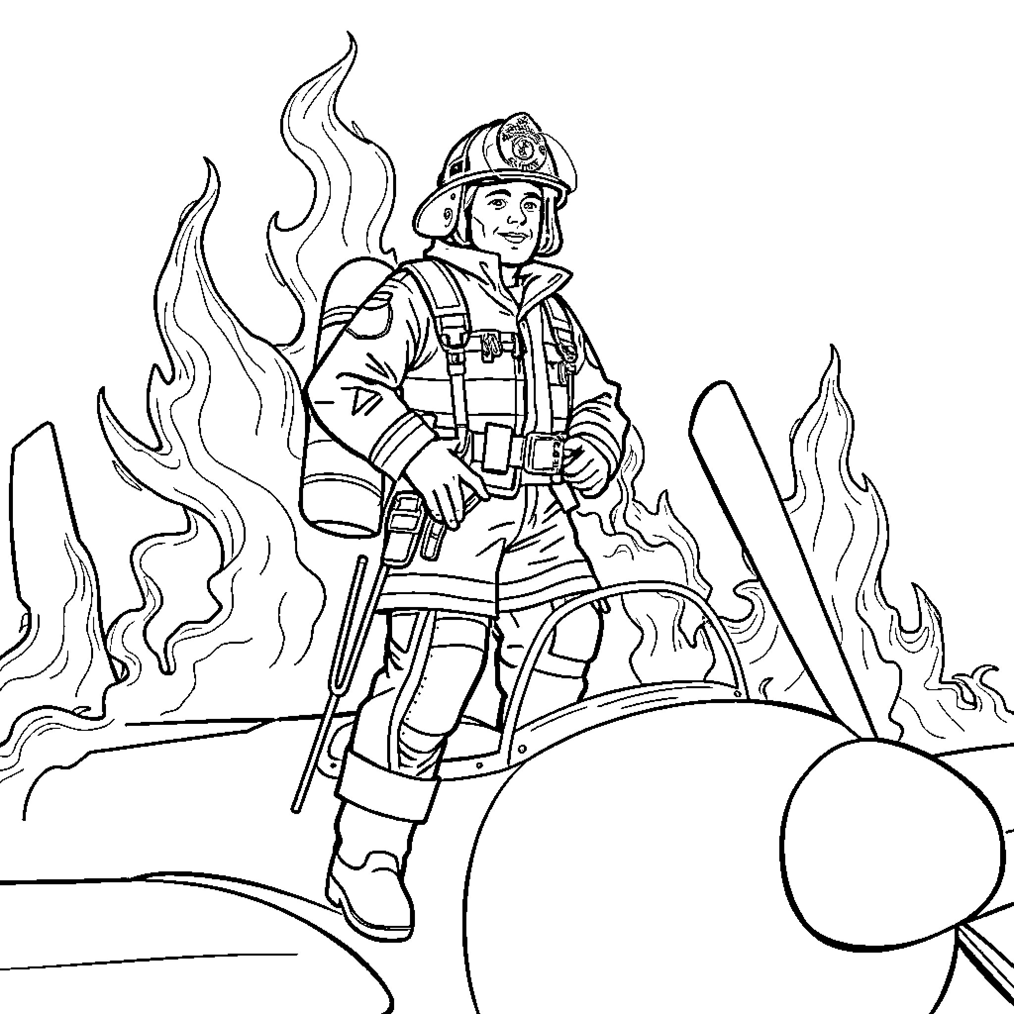 Fireman bravely tackling a fire scene Coloring Page (free black-and-white line drawing printable PDF for all, from beginners to advanced learners, including children, teens, adults, and seniors)