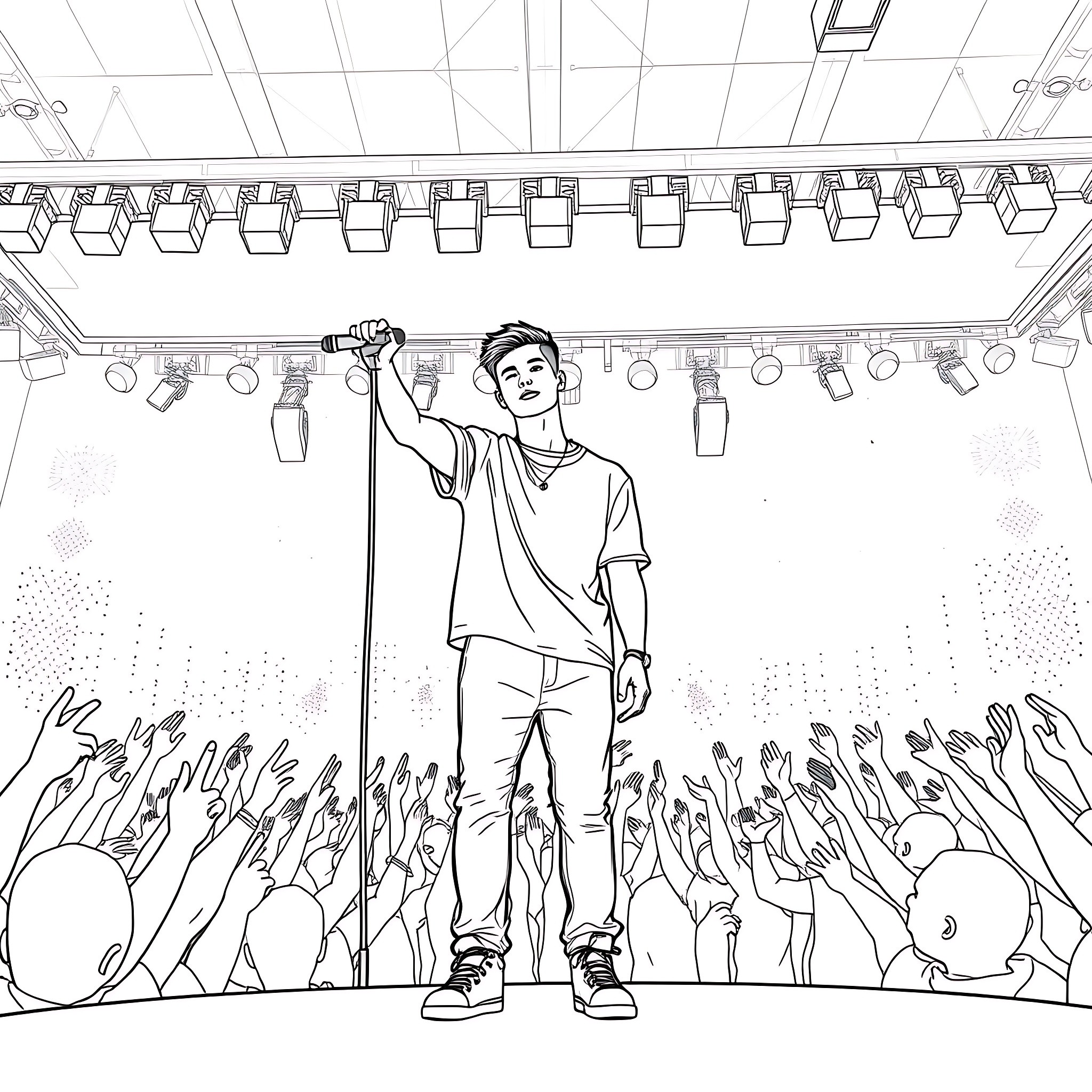 Justin Bieber performing passionately on stage Coloring Page (free black-and-white line drawing printable PDF for all, from beginners to advanced learners, including children, teens, adults, and seniors)
