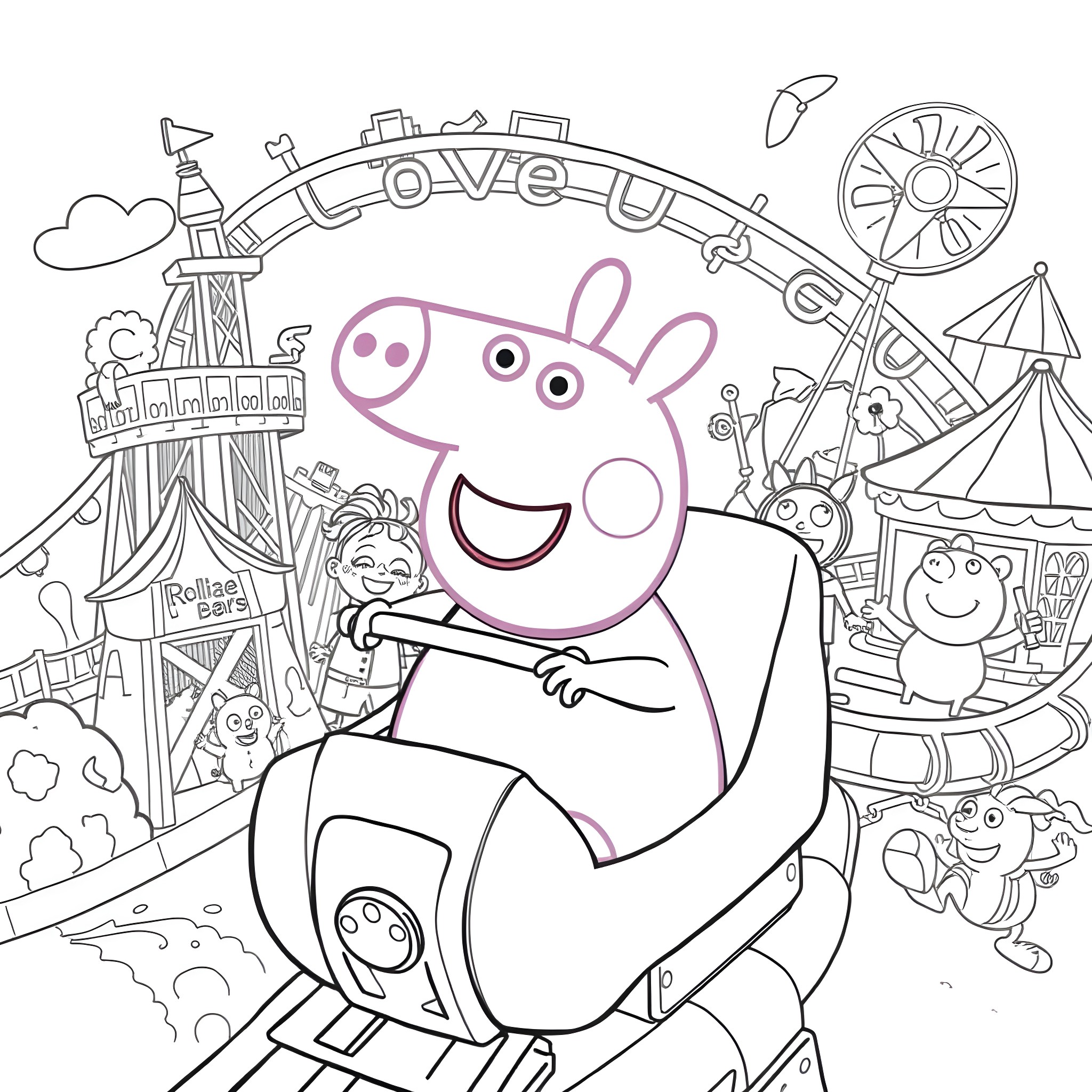 Peppa Pig at the amusement park with friends Coloring Page (free black-and-white line drawing printable PDF for all, from beginners to advanced learners, including children, teens, adults, and seniors)