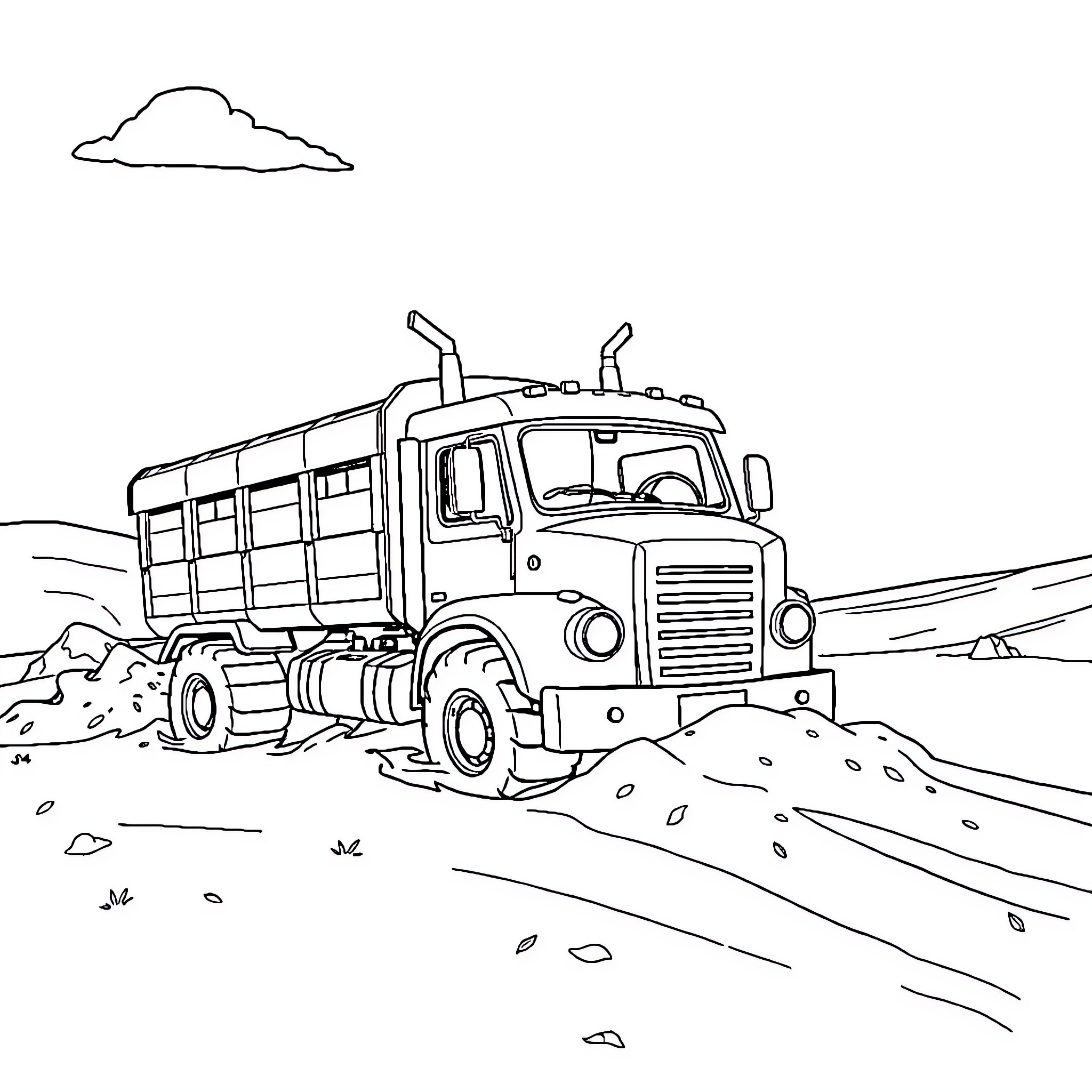 Camion transporting cargo across rugged terrain Coloring Page (free black-and-white line drawing printable PDF for all, from beginners to advanced learners, including children, teens, adults, and seniors)