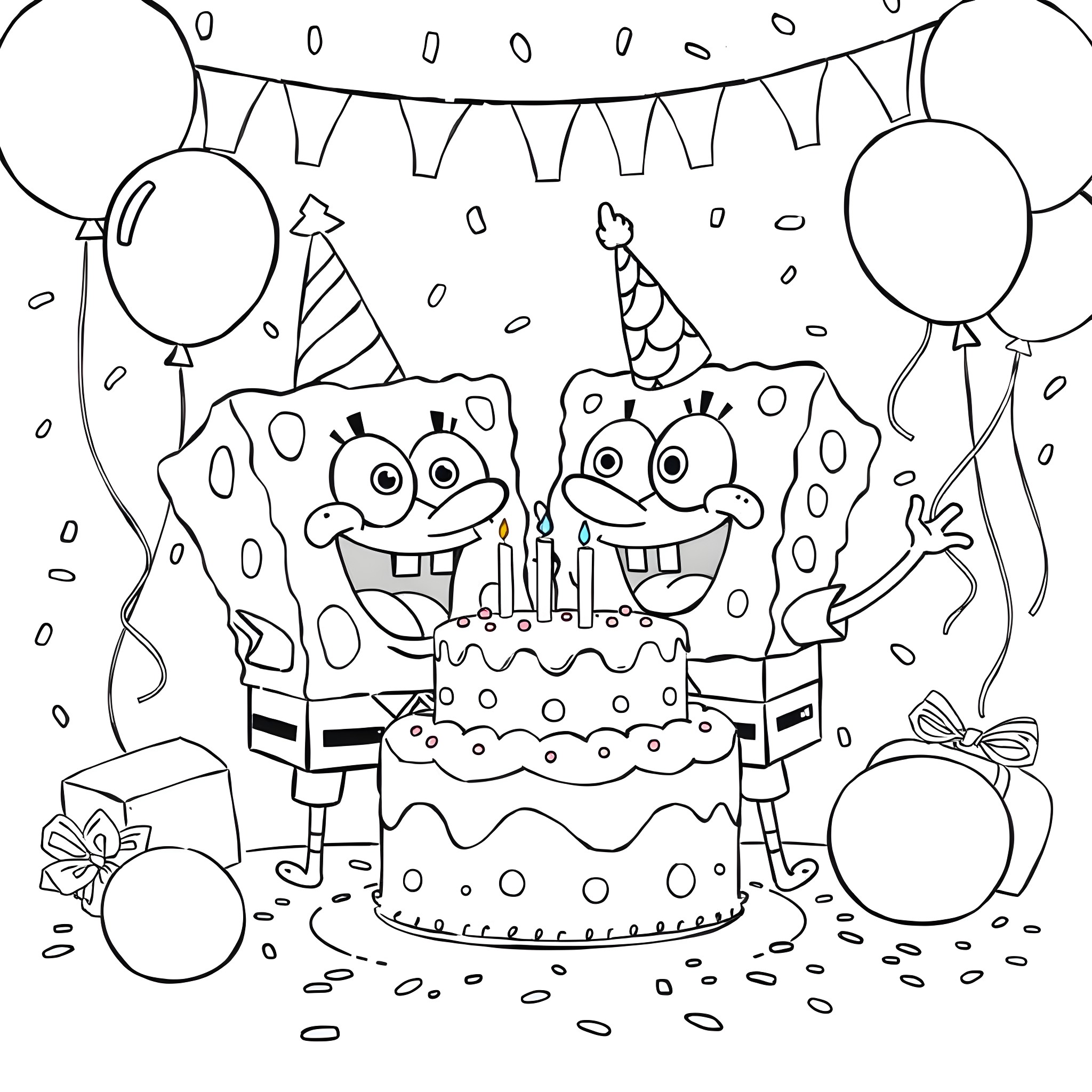 Spongebob and Patrick celebrate a birthday with cake and balloons Coloring Page (free black-and-white line drawing printable PDF for all, from beginners to advanced learners, including children, teens, adults, and seniors)