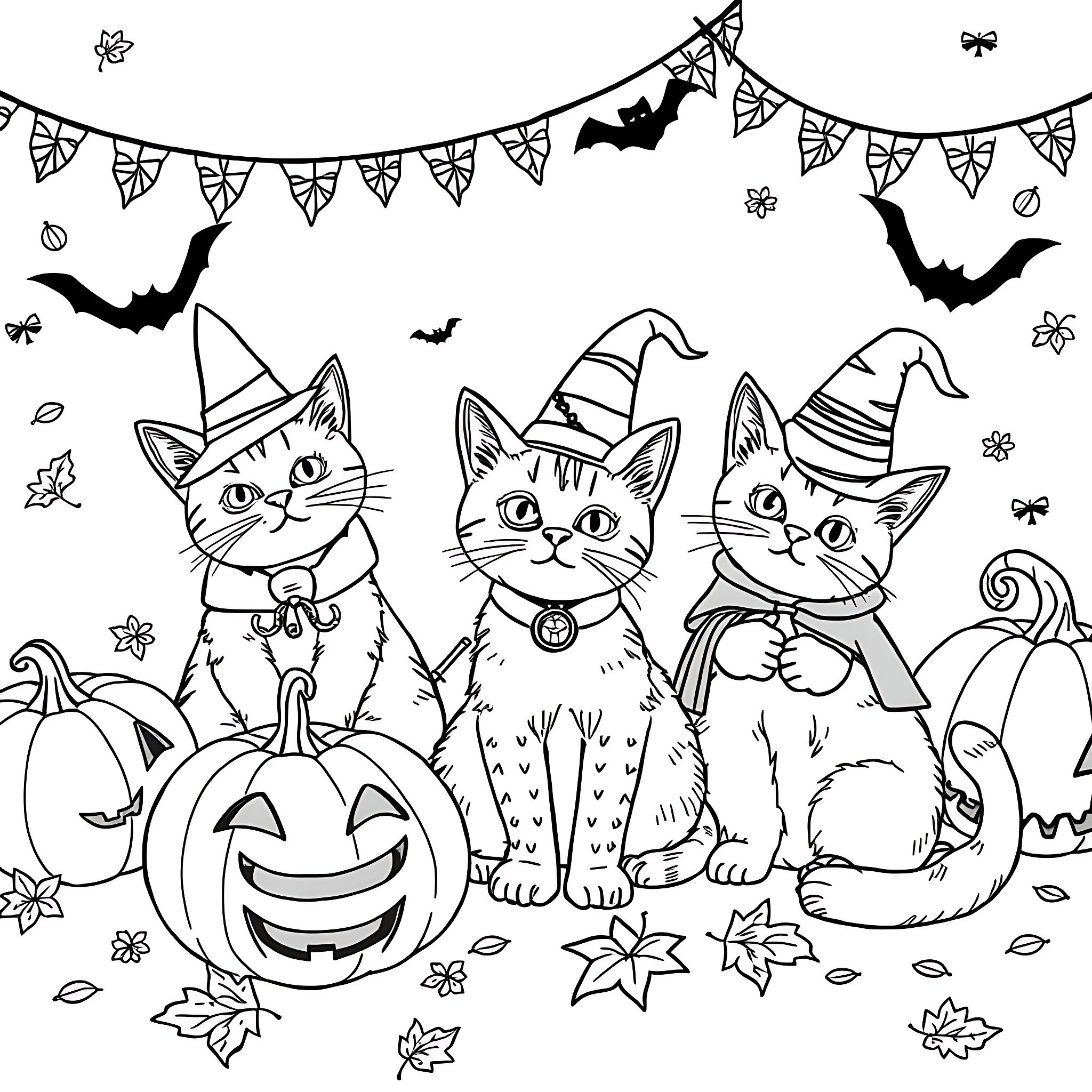 Cats Celebrating Halloween in Black and White Coloring Page (free black-and-white line drawing printable PDF for all, from beginners to advanced learners, including children, teens, adults, and seniors)