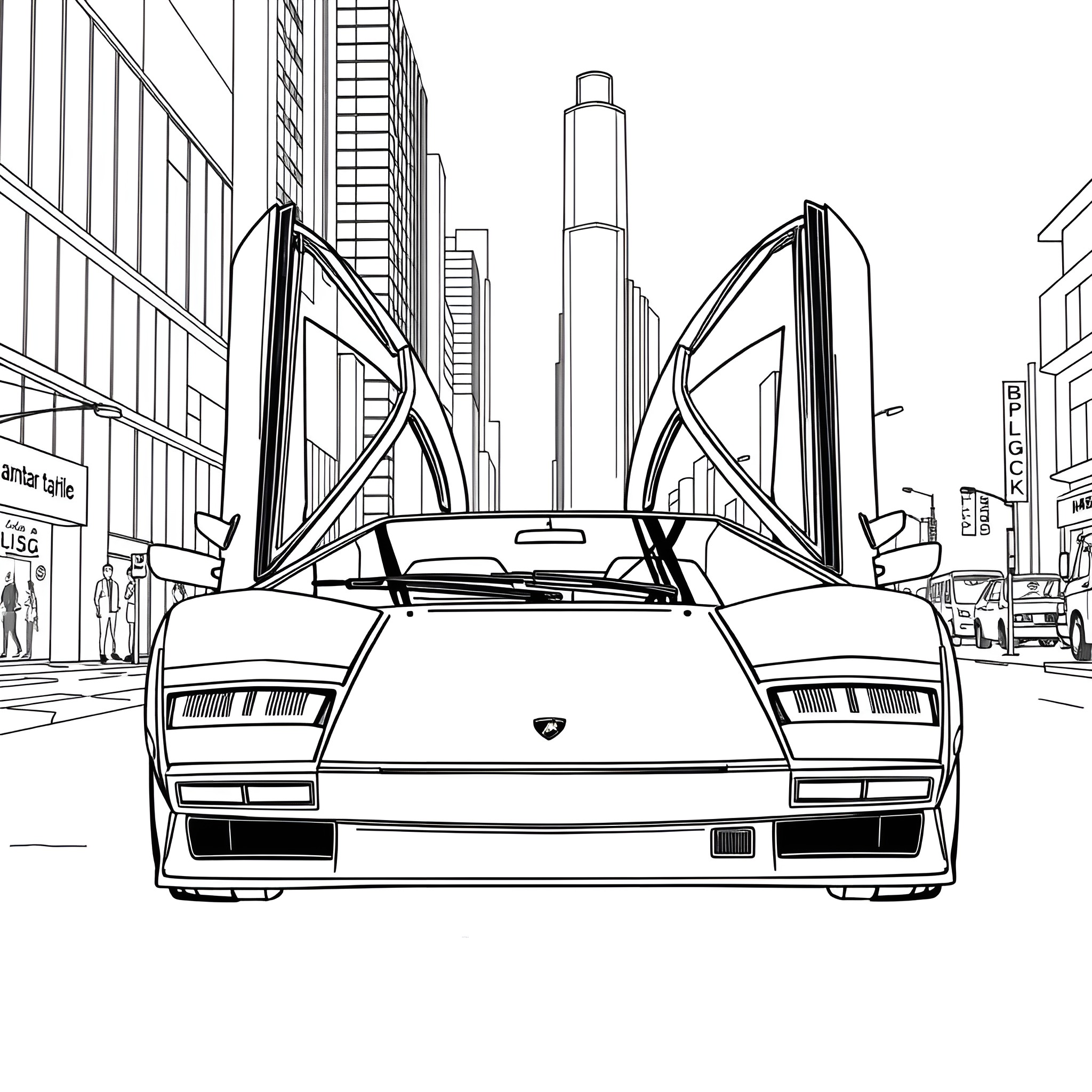 Lamborghini supercar in the city Coloring Page (free black-and-white line drawing printable PDF for all, from beginners to advanced learners, including children, teens, adults, and seniors)