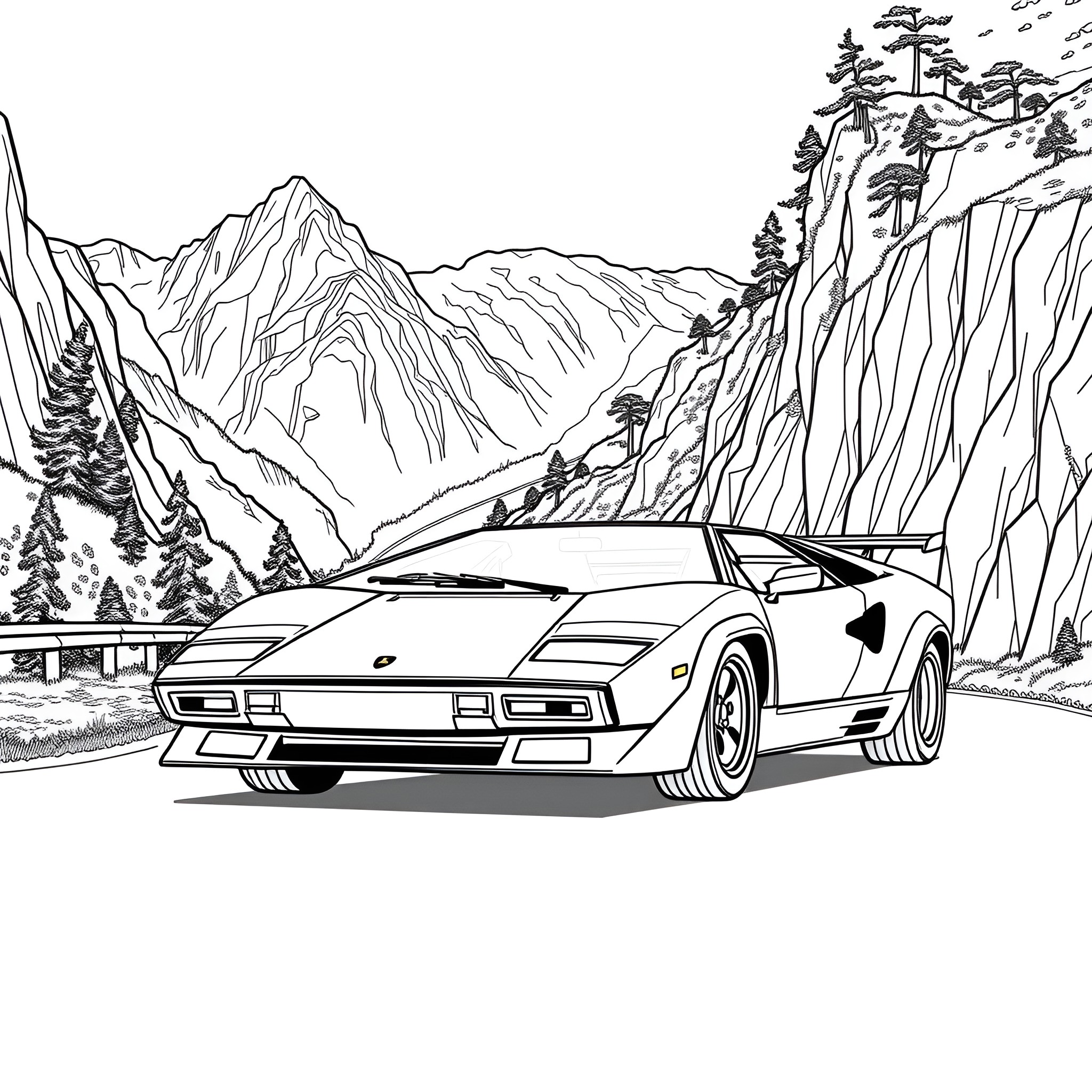 Lamborghini supercar on a mountain road adventure Coloring Page (free black-and-white line drawing printable PDF for all, from beginners to advanced learners, including children, teens, adults, and seniors)