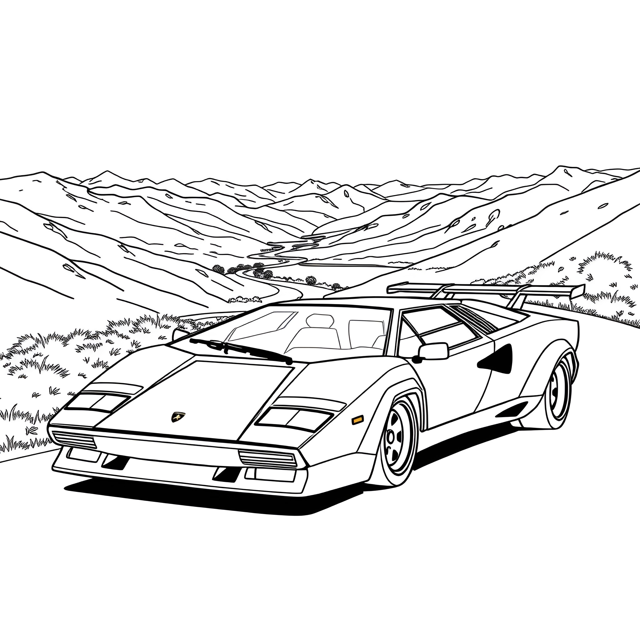 Lamborghini supercar on a mountain road Coloring Page (free black-and-white line drawing printable PDF for all, from beginners to advanced learners, including children, teens, adults, and seniors)