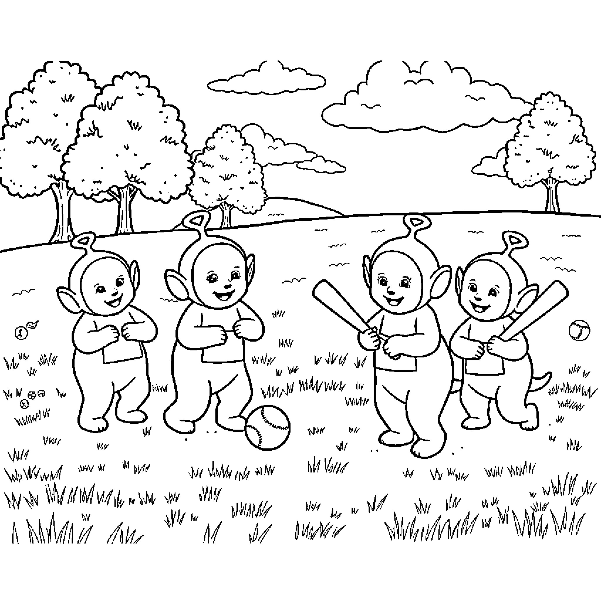 Teletubby friends playing in the meadow Coloring Page (free black-and-white line drawing printable PDF for all, from beginners to advanced learners, including children, teens, adults, and seniors)