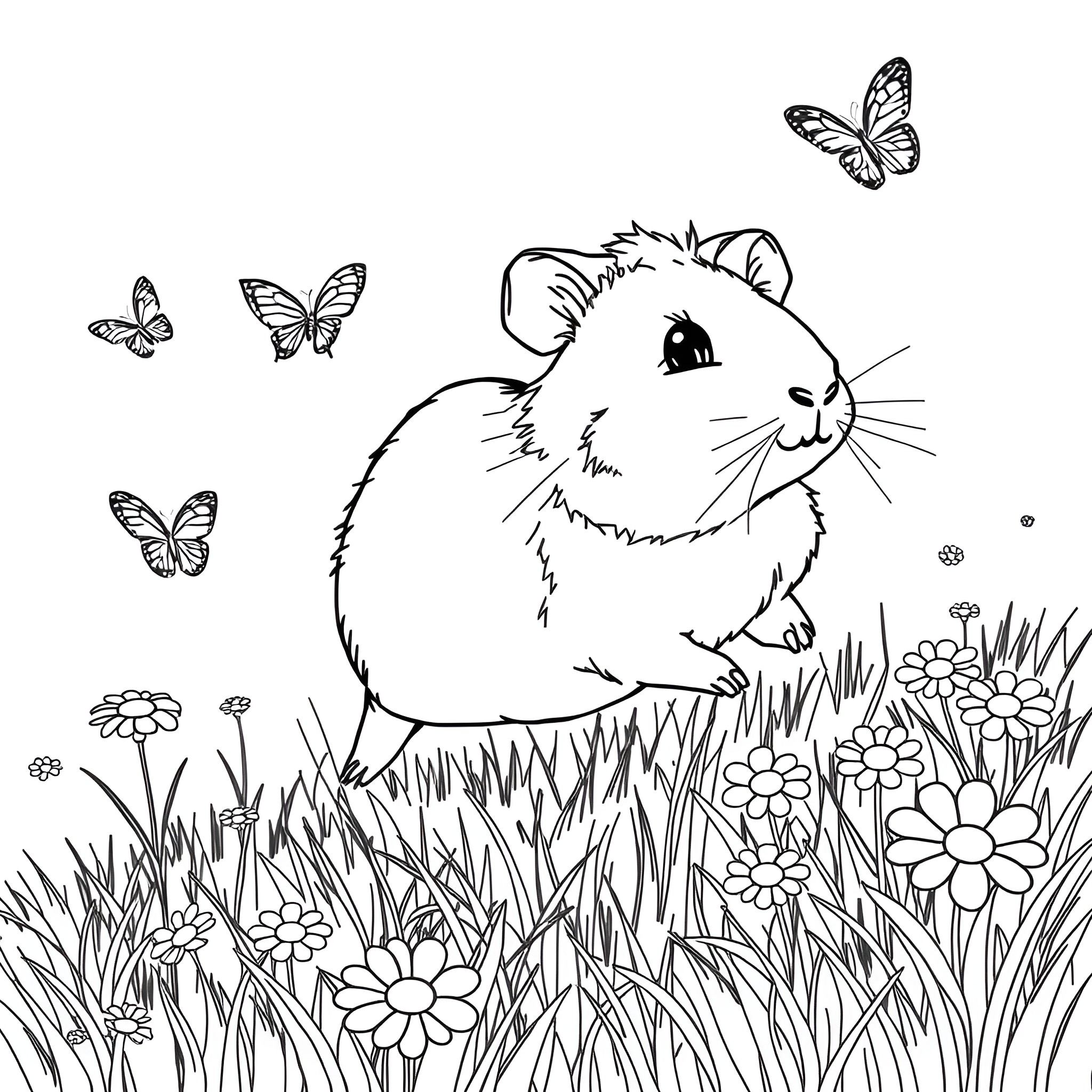 Guinea Pig Enjoying Nature with Butterflies Coloring Page (free black-and-white line drawing printable PDF for all, from beginners to advanced learners, including children, teens, adults, and seniors)