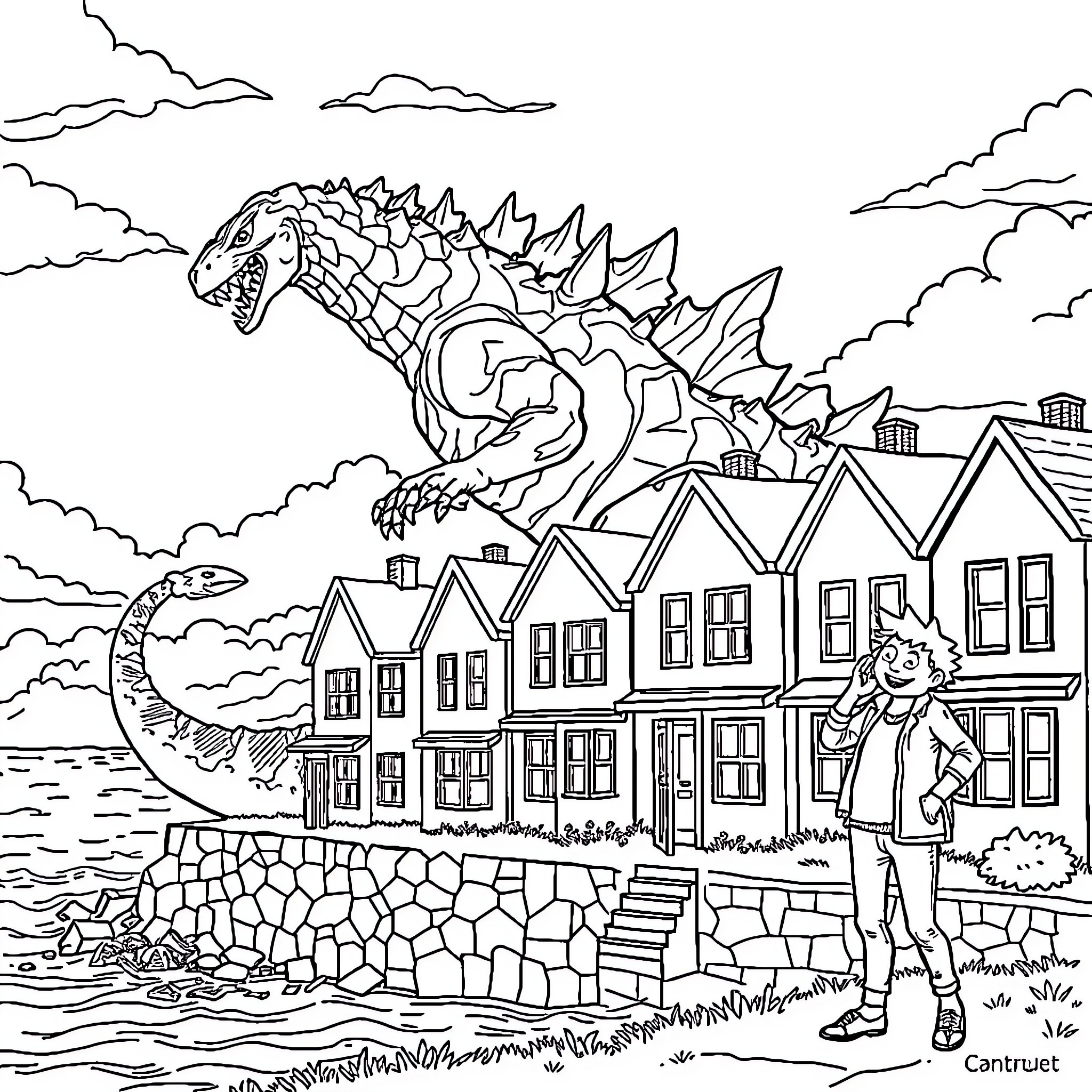 Godzilla rampages through a quaint coastal town Coloring Page (free black-and-white line drawing printable PDF for all, from beginners to advanced learners, including children, teens, adults, and seniors)