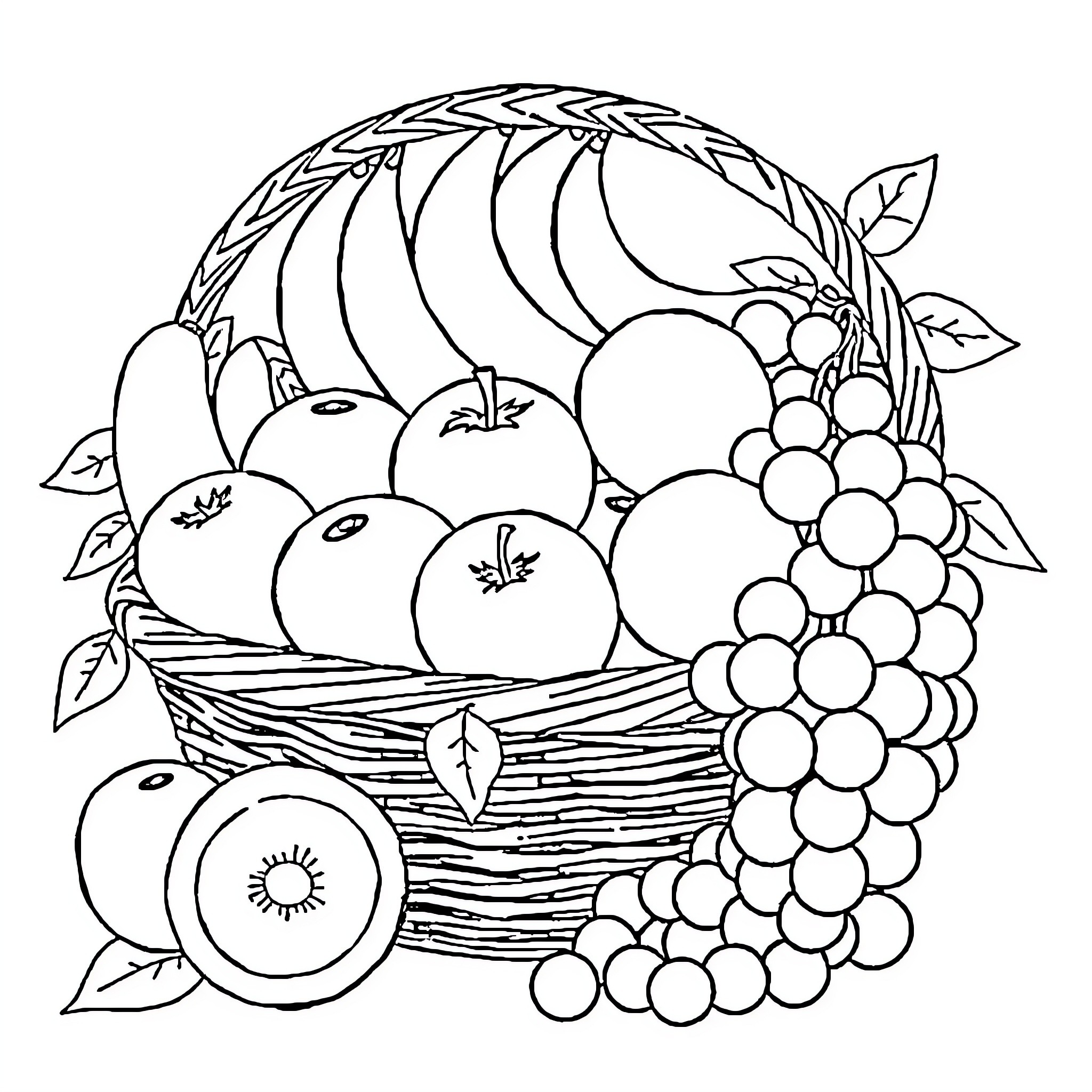 Fruit Basket with Assorted Produce Coloring Page (free black-and-white line drawing printable PDF for all, from beginners to advanced learners, including children, teens, adults, and seniors)