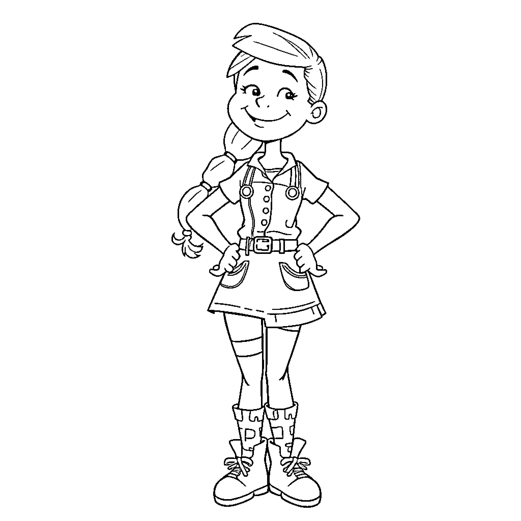 Pipi Longstocking happily dressed as a mechanic Coloring Page (free black-and-white line drawing printable PDF for all, from beginners to advanced learners, including children, teens, adults, and seniors)