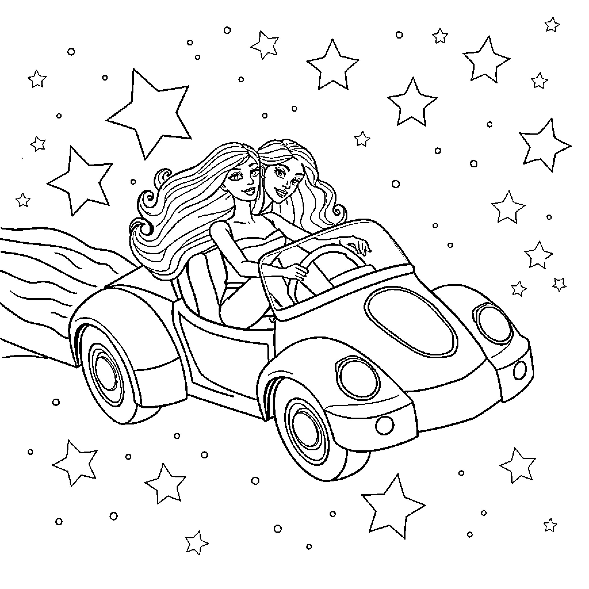 Barbie friends driving a car under the stars Coloring Page (free black-and-white line drawing printable PDF for all, from beginners to advanced learners, including children, teens, adults, and seniors)