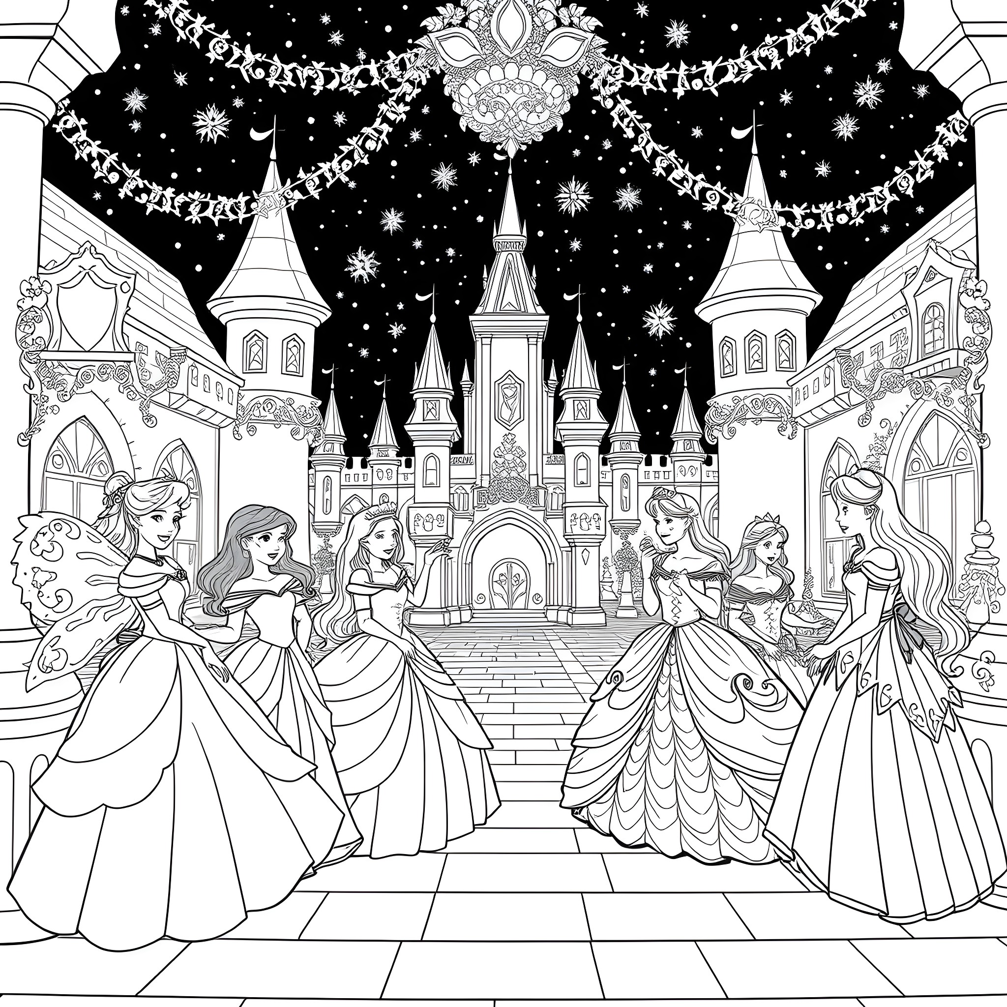 Princess Fairy Tale Characters in Enchanted Castle Coloring Page (free black-and-white line drawing printable PDF for all, from beginners to advanced learners, including children, teens, adults, and seniors)