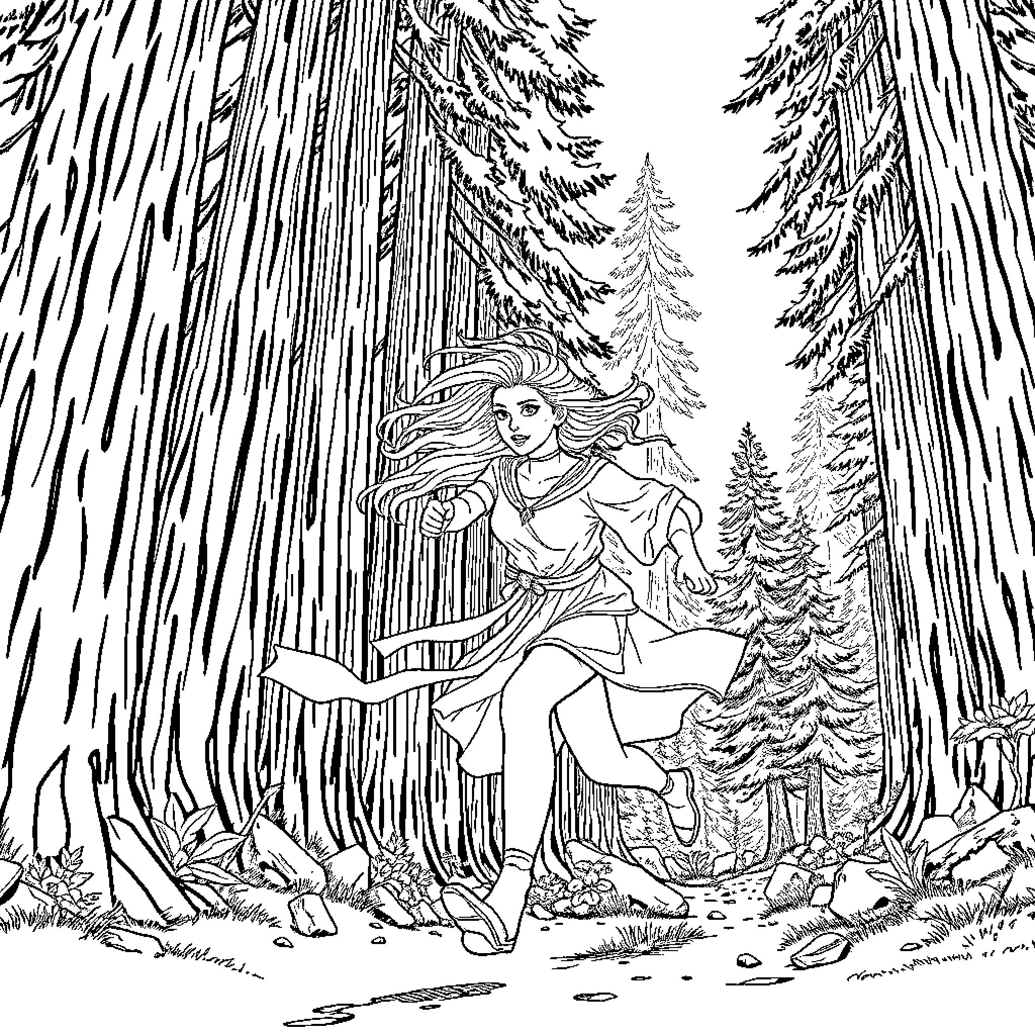 Halforc warrior exploring the enchanted forest Coloring Page (free black-and-white line drawing printable PDF for all, from beginners to advanced learners, including children, teens, adults, and seniors)