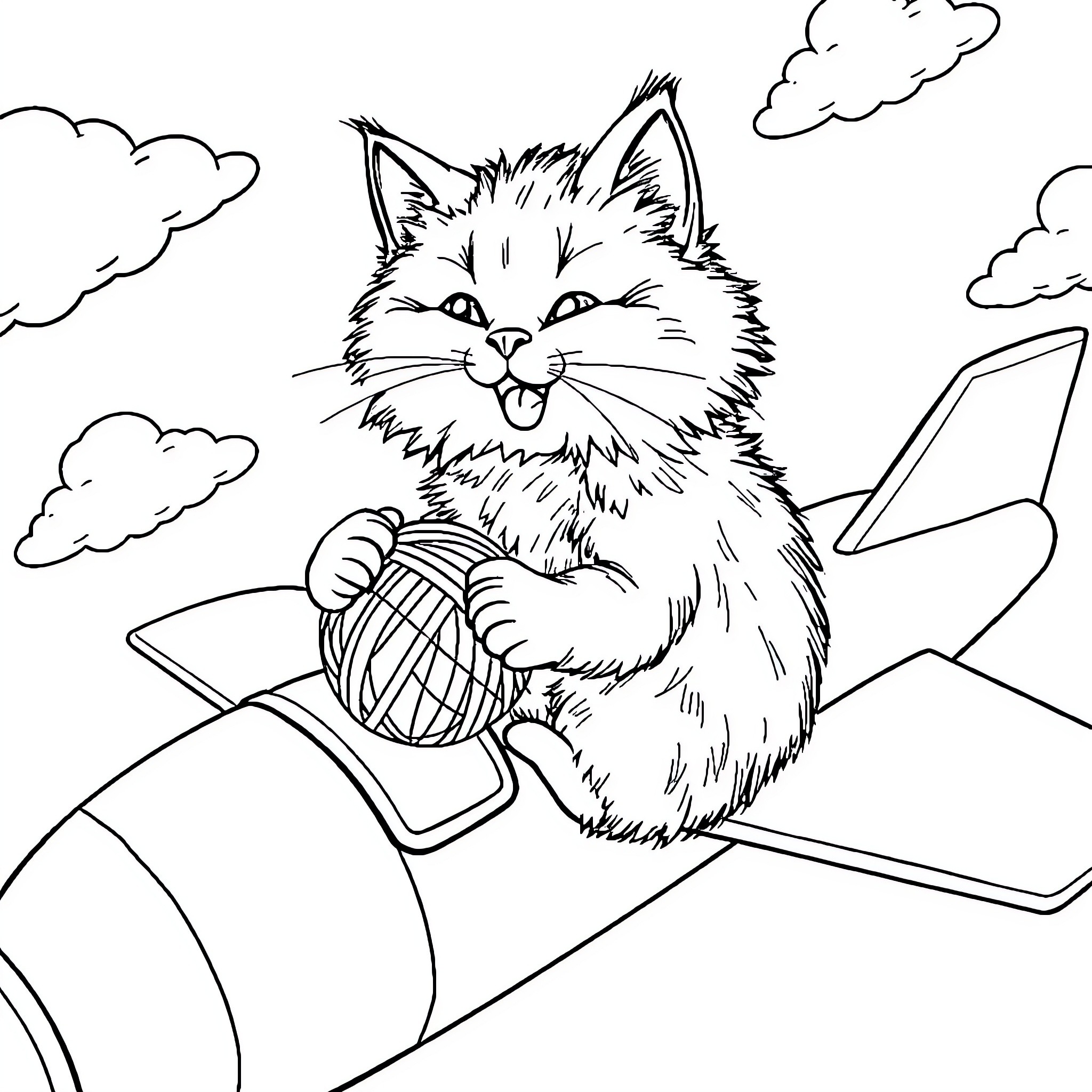 Cat playing with yarn on toy airplane Coloring Page (free black-and-white line drawing printable PDF for all, from beginners to advanced learners, including children, teens, adults, and seniors)