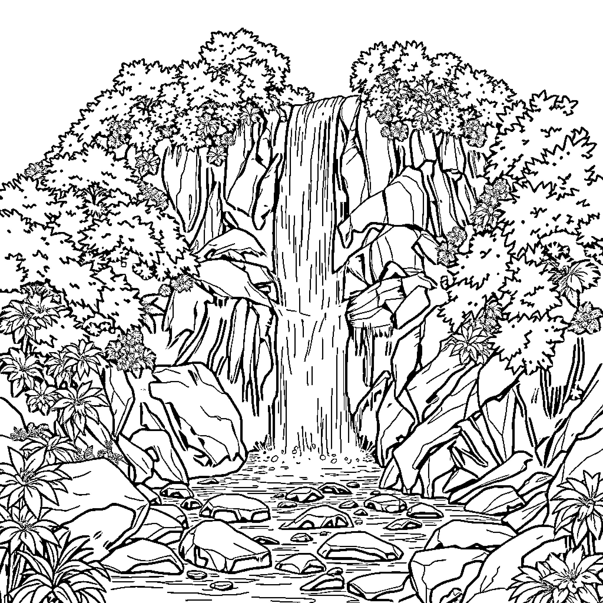 Waterfall in lush forest landscape Coloring Page (free black-and-white line drawing printable PDF for all, from beginners to advanced learners, including children, teens, adults, and seniors)