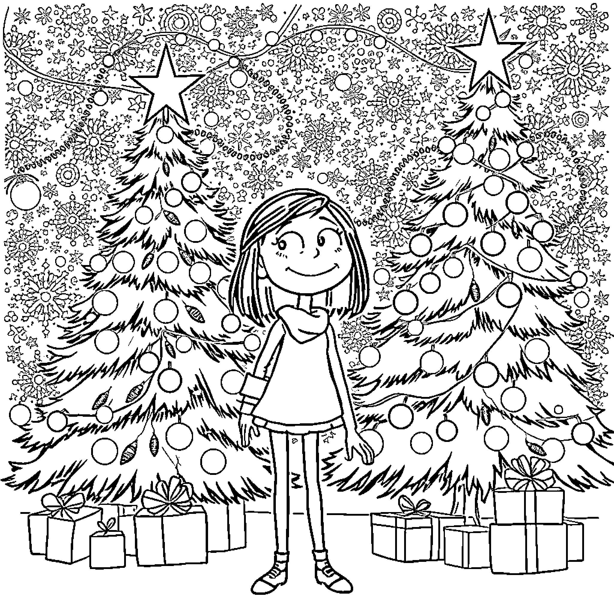 Coraline in Festive Christmas Forest Coloring Page (free black-and-white line drawing printable PDF for all, from beginners to advanced learners, including children, teens, adults, and seniors)