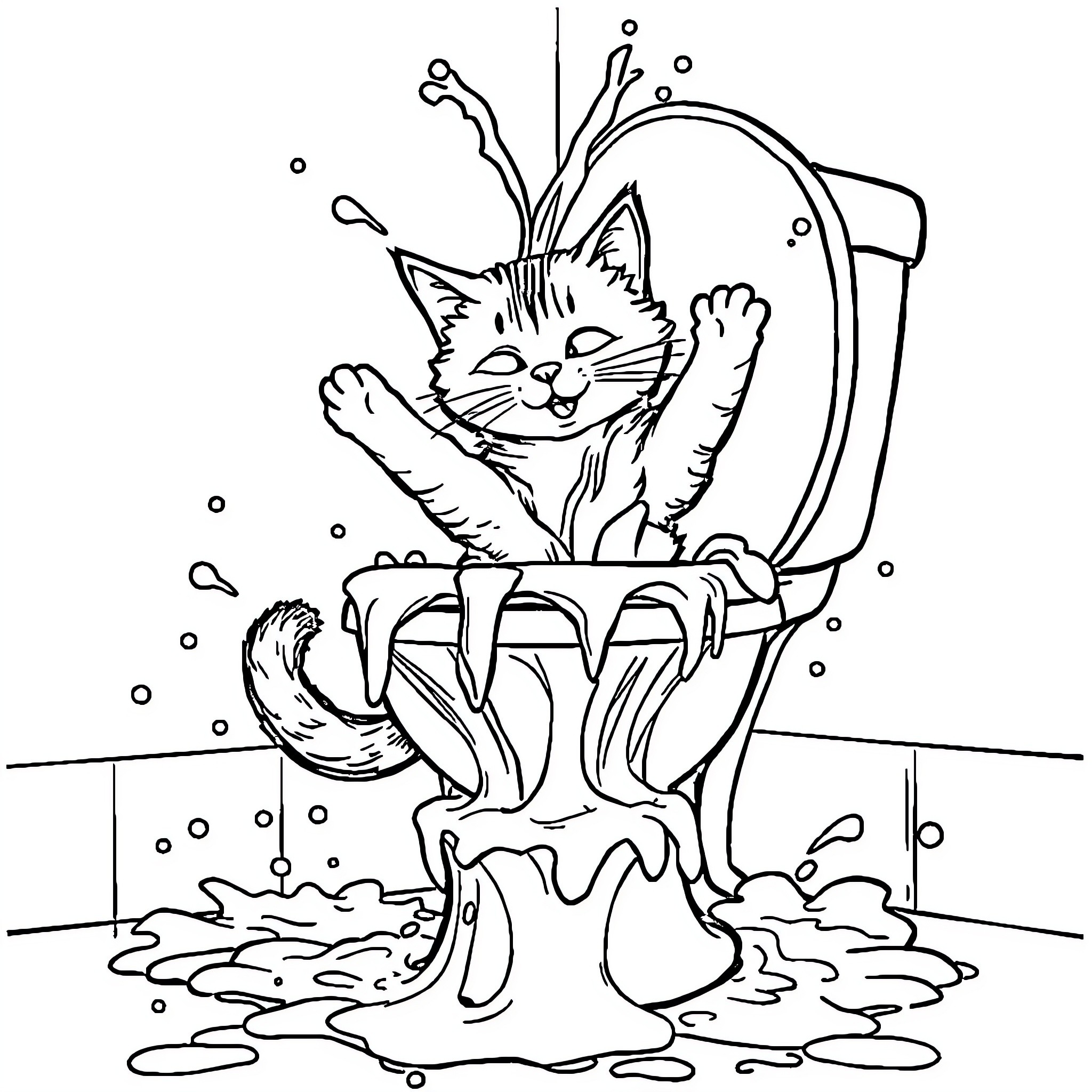 Cat enjoying bubble bath in toilet Coloring Page (free black-and-white line drawing printable PDF for all, from beginners to advanced learners, including children, teens, adults, and seniors)