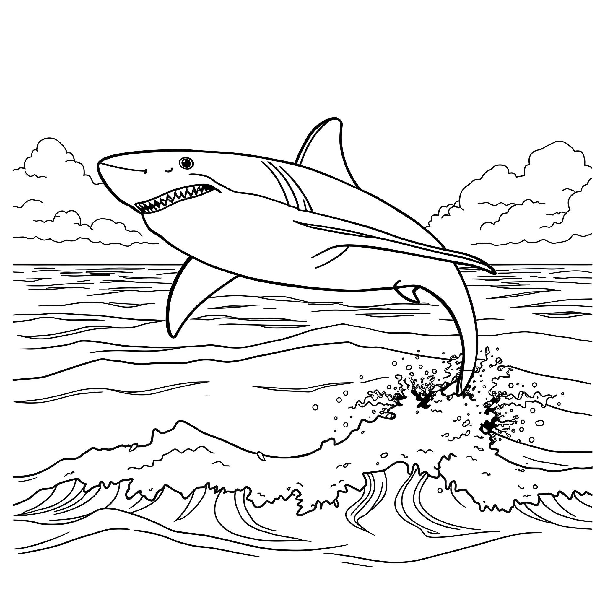 Shark leaping out of the waves Coloring Page (free black-and-white line drawing printable PDF for all, from beginners to advanced learners, including children, teens, adults, and seniors)