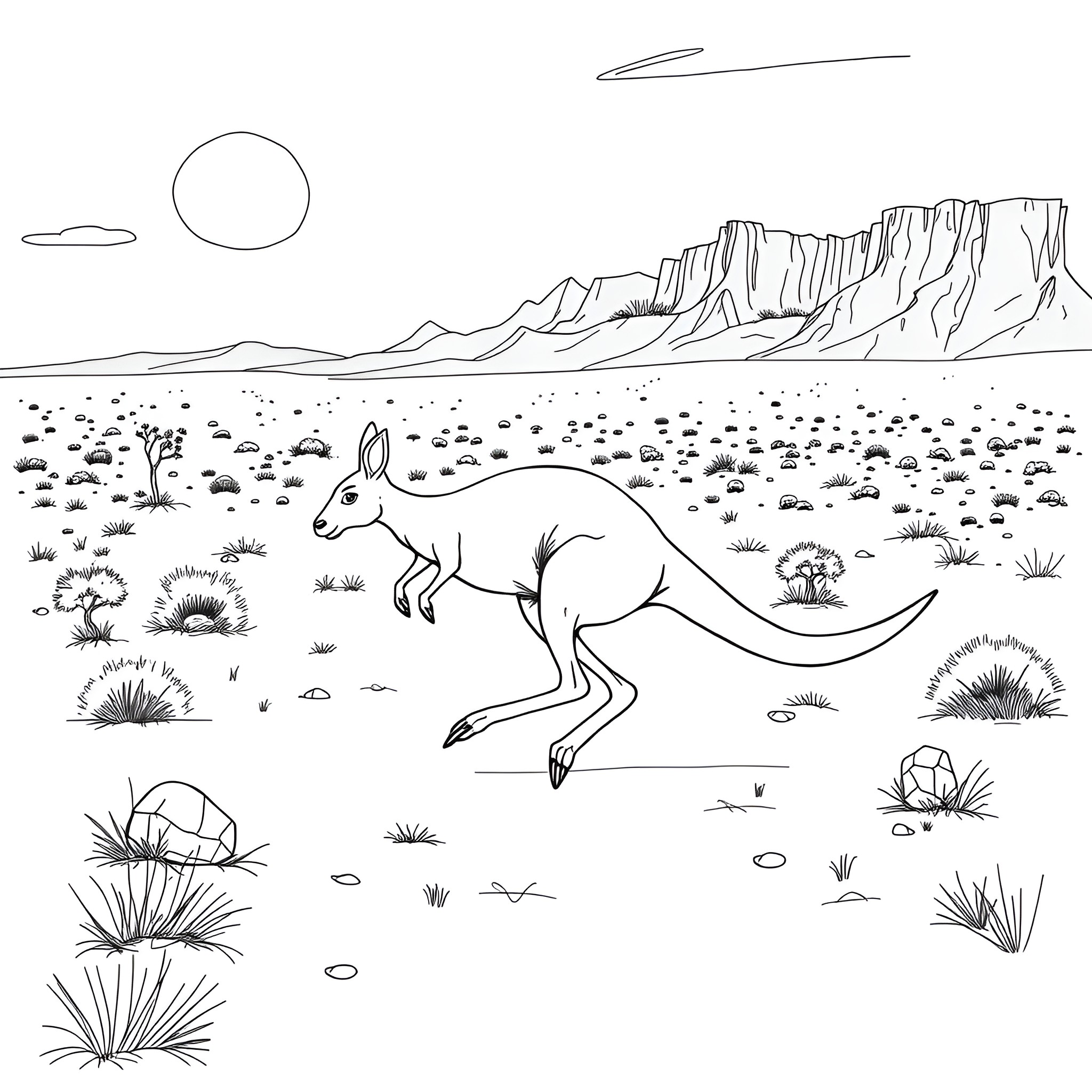 Kangaroo hopping in the desert landscape Coloring Page (free black-and-white line drawing printable PDF for all, from beginners to advanced learners, including children, teens, adults, and seniors)