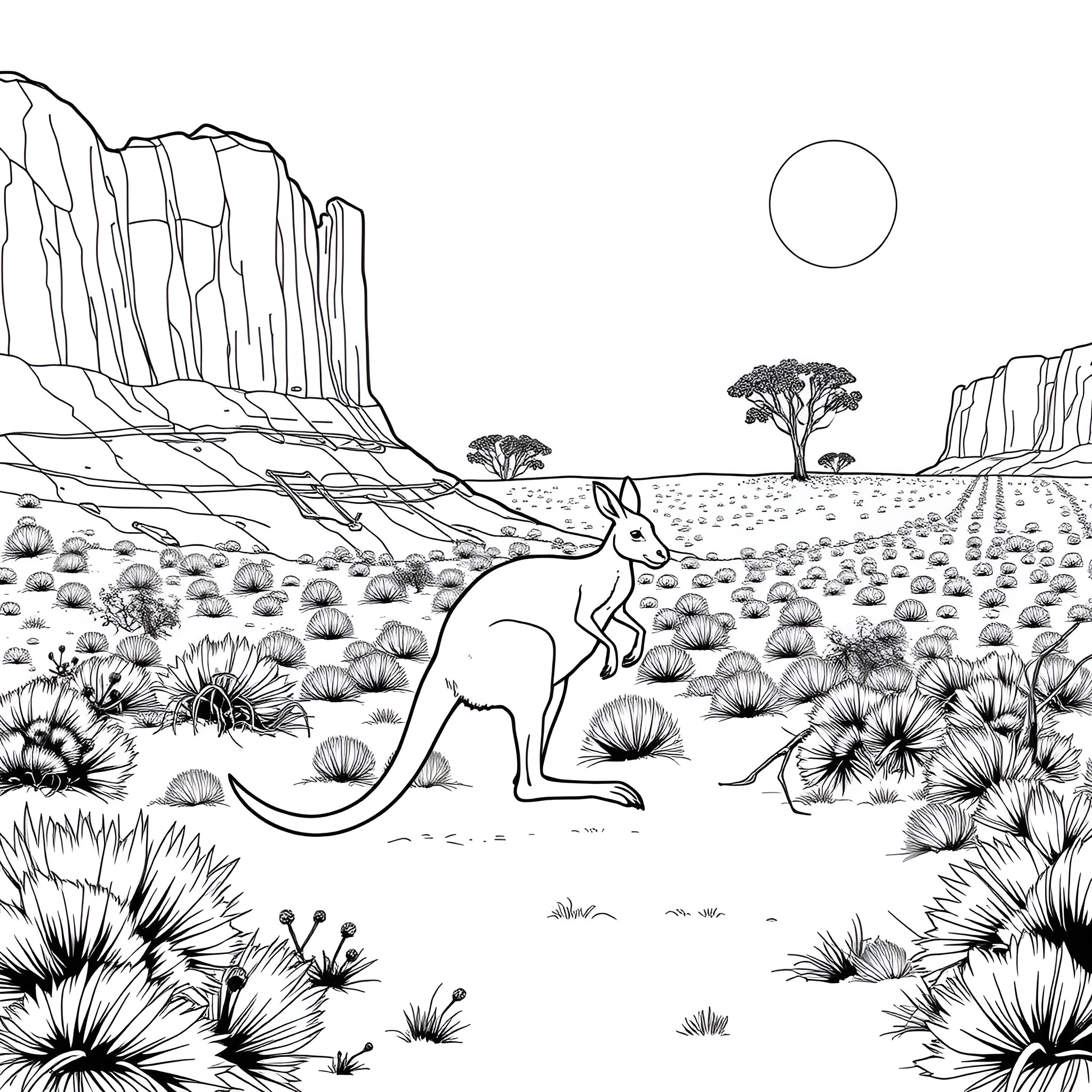 Kangaroo hopping in the desert landscape Coloring Page (free black-and-white line drawing printable PDF for all, from beginners to advanced learners, including children, teens, adults, and seniors)