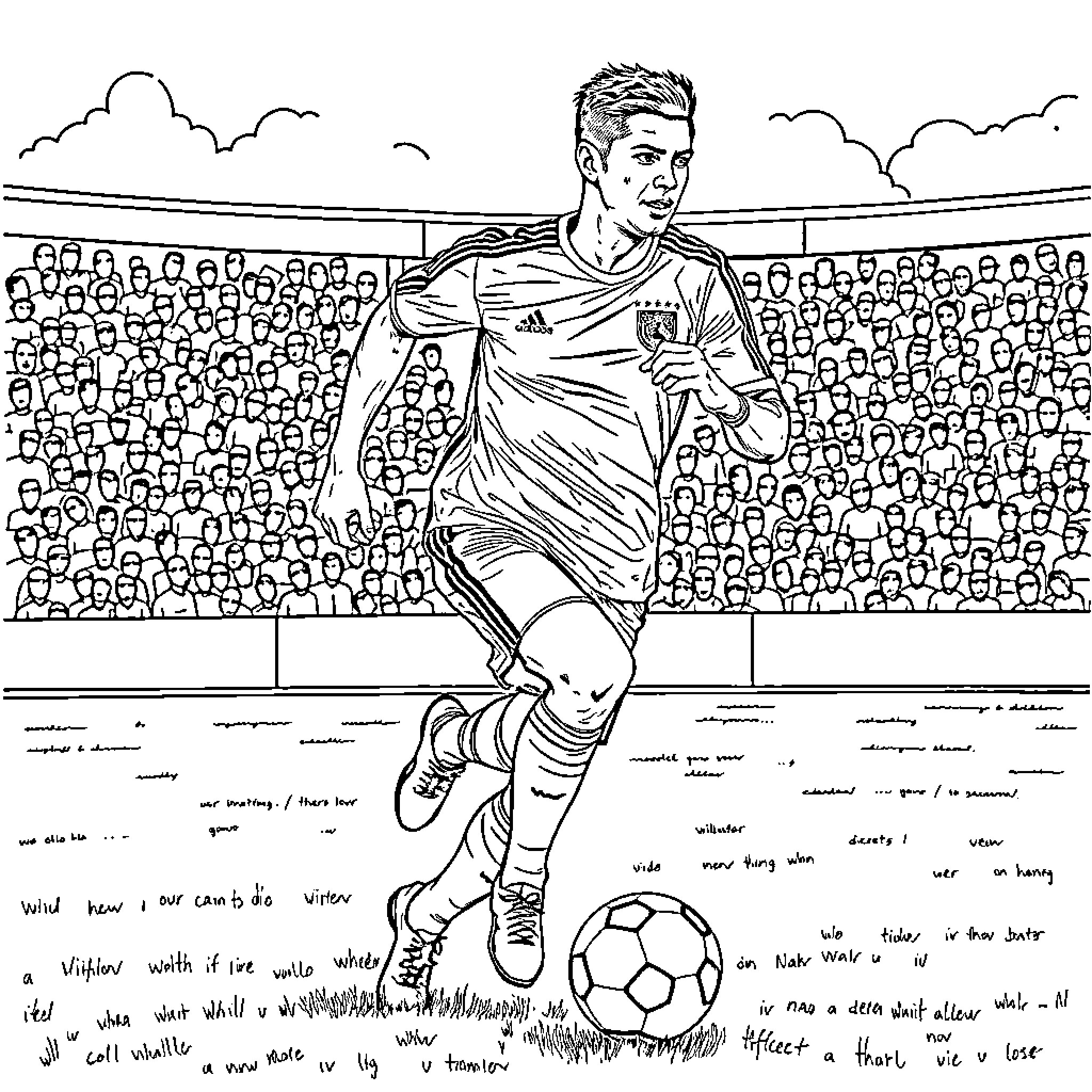 Ronaldo playing football on the field with spectators Coloring Page (free black-and-white line drawing printable PDF for all, from beginners to advanced learners, including children, teens, adults, and seniors)