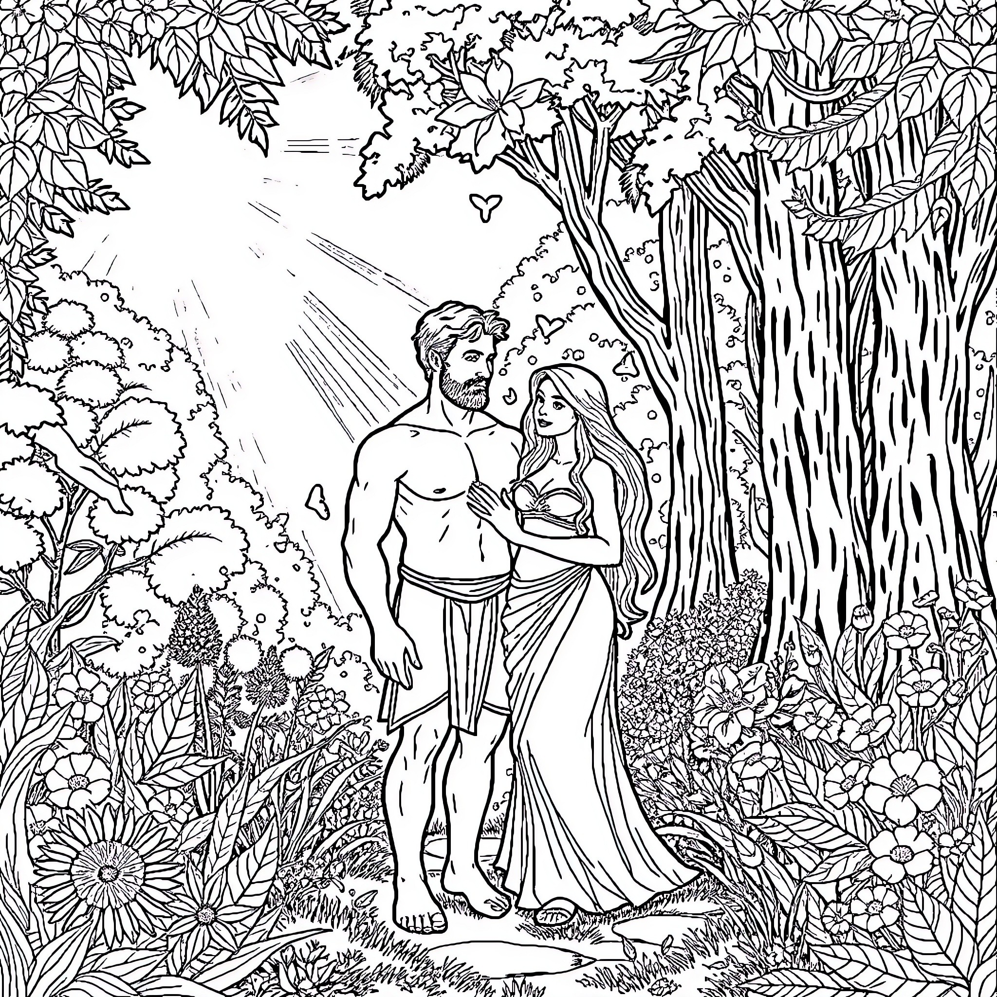 Adam and Eve in the Garden of Eden Coloring Page (free black-and-white line drawing printable PDF for all, from beginners to advanced learners, including children, teens, adults, and seniors)