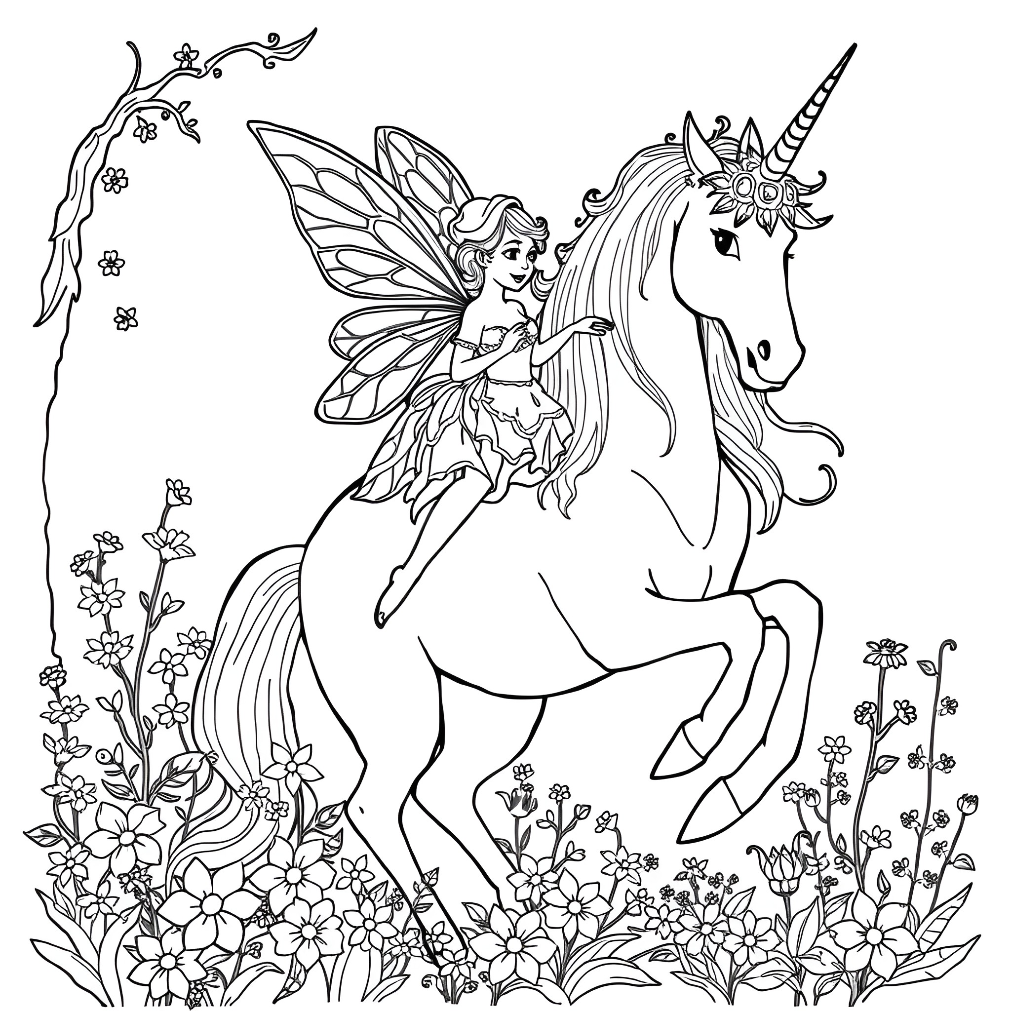 Fairy riding a magical unicorn in a floral garden Coloring Page (free black-and-white line drawing printable PDF for all, from beginners to advanced learners, including children, teens, adults, and seniors)