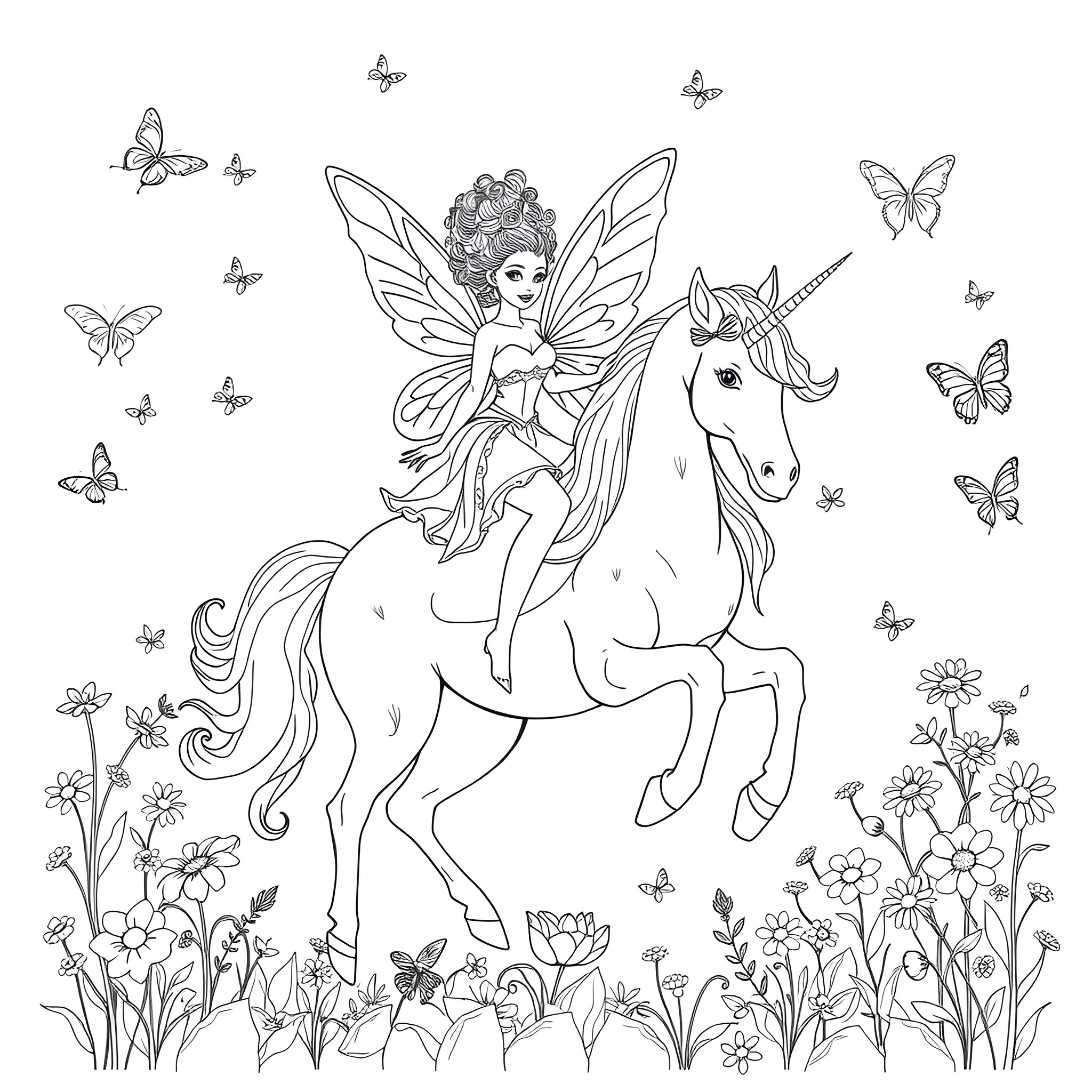 Fairy riding a unicorn in a magical garden Coloring Page (free black-and-white line drawing printable PDF for all, from beginners to advanced learners, including children, teens, adults, and seniors)