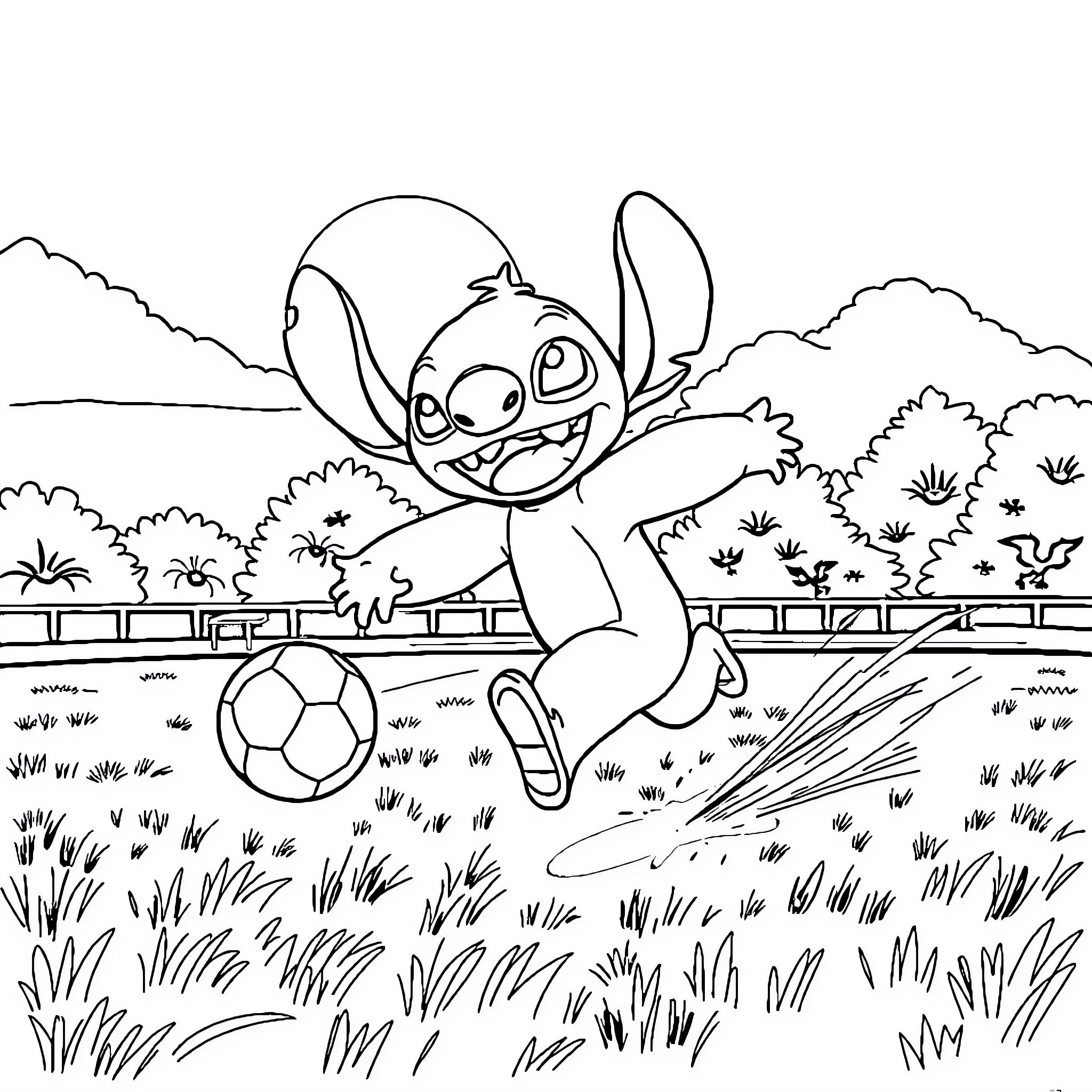 Stitch playing soccer on the field Coloring Page (free black-and-white line drawing printable PDF for all, from beginners to advanced learners, including children, teens, adults, and seniors)