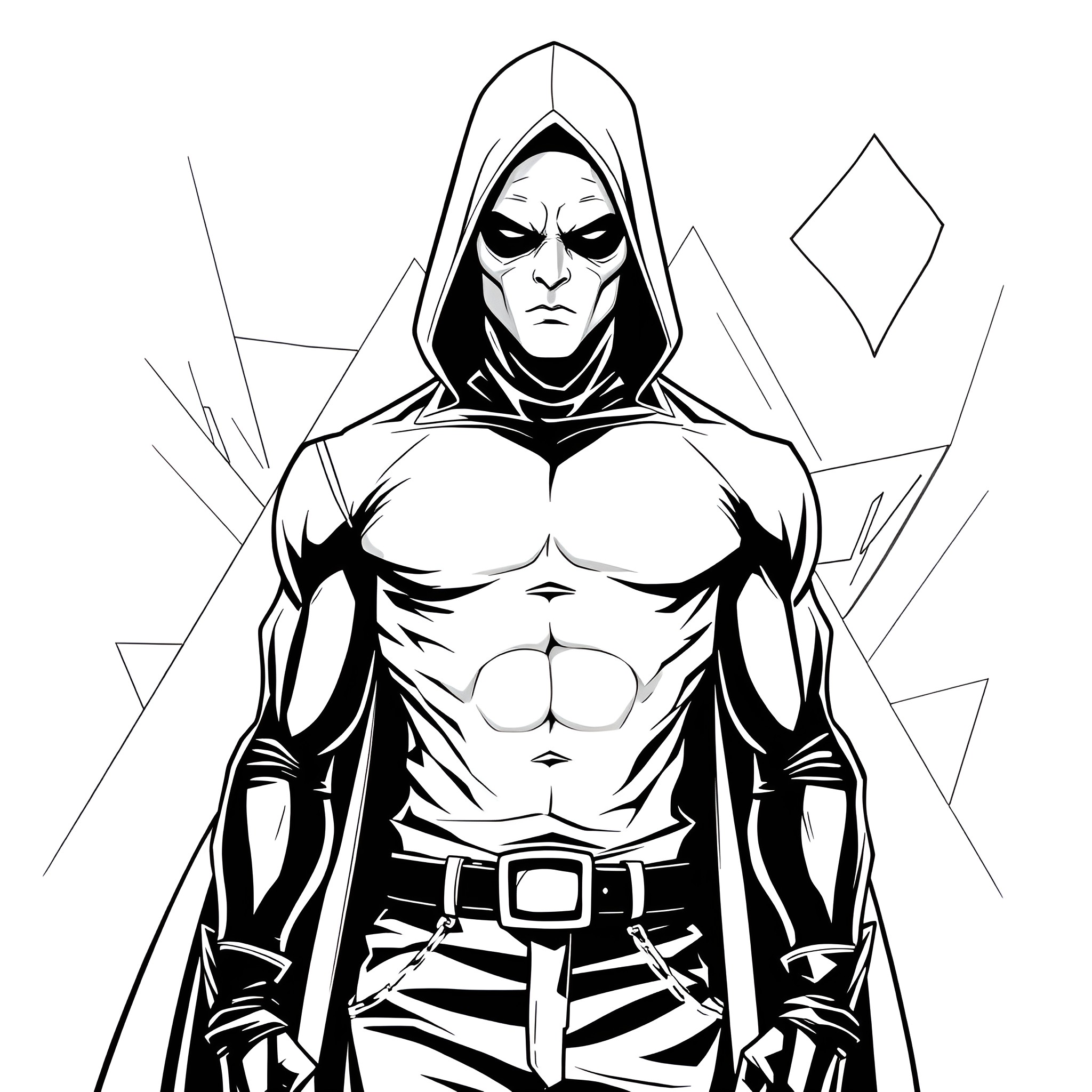 Man in a hooded costume with a muscular torso Coloring Page (free black-and-white line drawing printable PDF for all, from beginners to advanced learners, including children, teens, adults, and seniors)