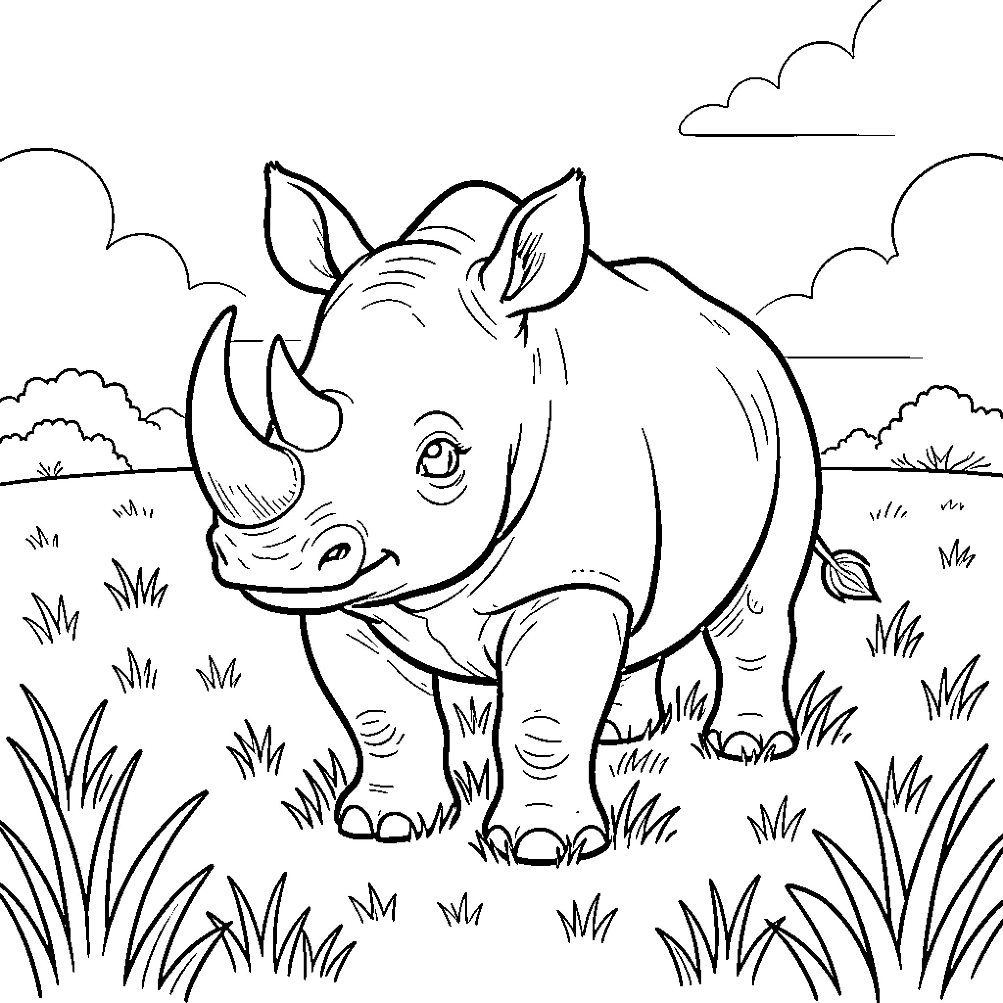 Rhino walking through a grassy field Coloring Page (free black-and-white line drawing printable PDF for all, from beginners to advanced learners, including children, teens, adults, and seniors)