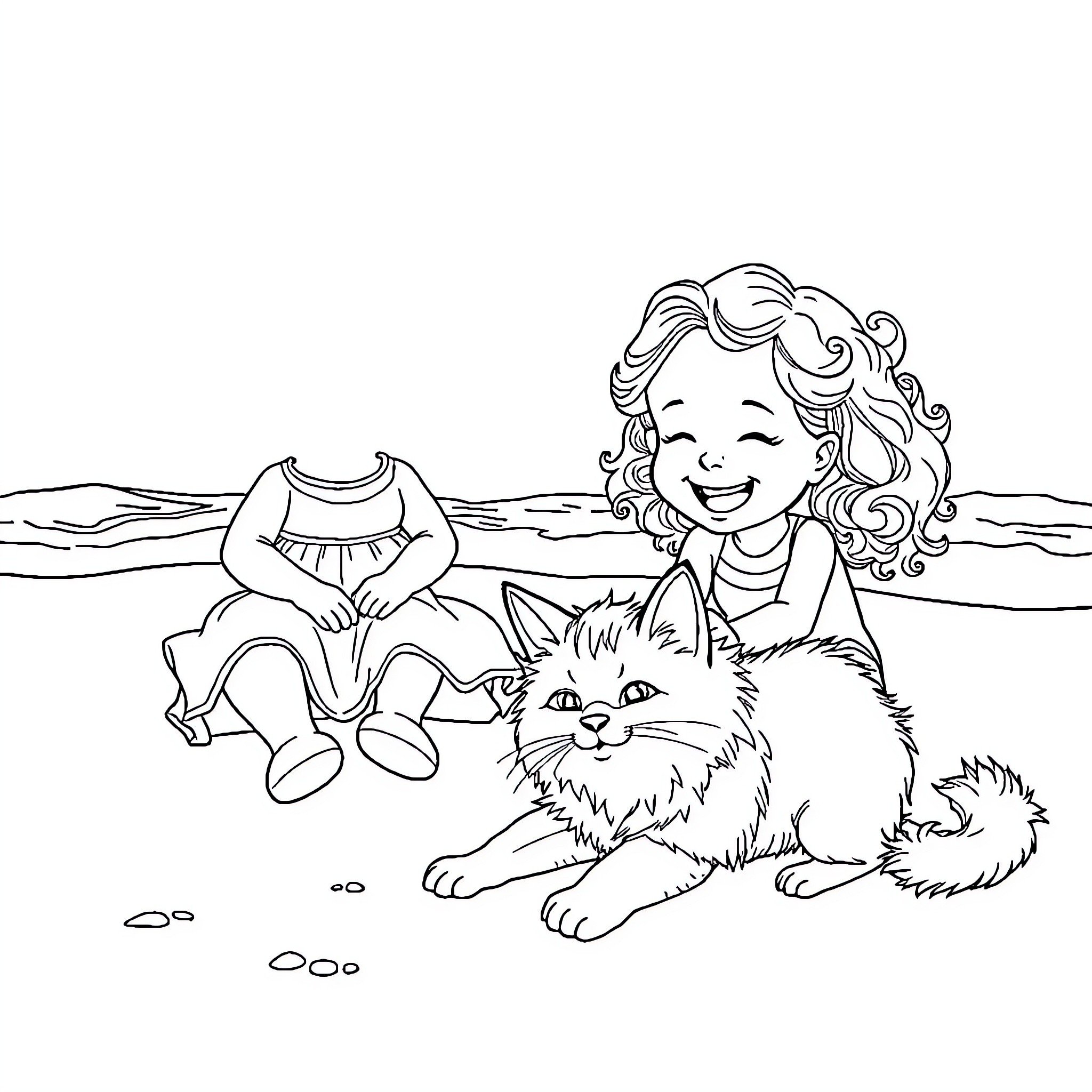 Cat and girl playing on the beach Coloring Page (free black-and-white line drawing printable PDF for all, from beginners to advanced learners, including children, teens, adults, and seniors)