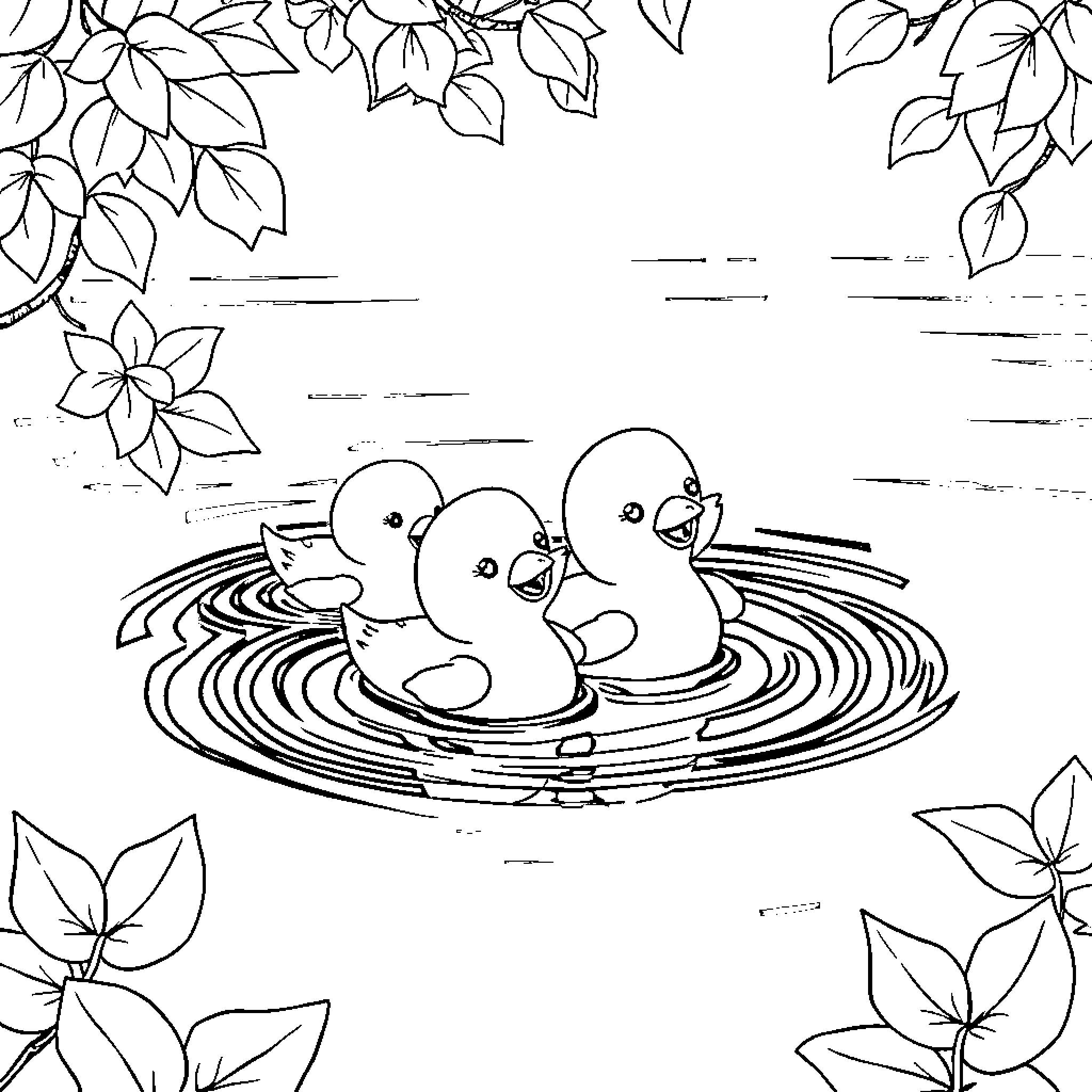 Duck ducklings swimming in pond with leaves Coloring Page (free black-and-white line drawing printable PDF for all, from beginners to advanced learners, including children, teens, adults, and seniors)