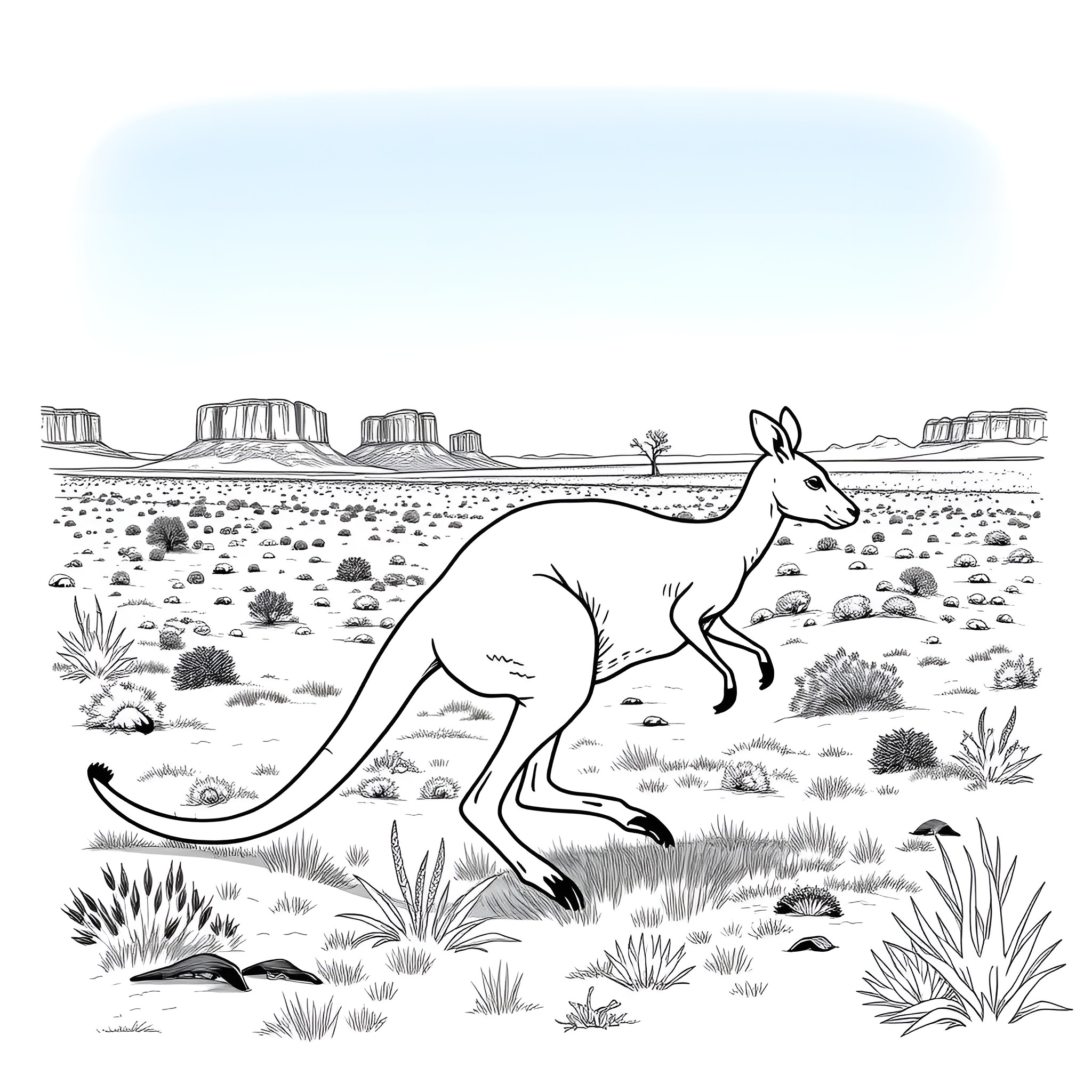 Kangaroo hopping in the arid desert landscape Coloring Page (free black-and-white line drawing printable PDF for all, from beginners to advanced learners, including children, teens, adults, and seniors)