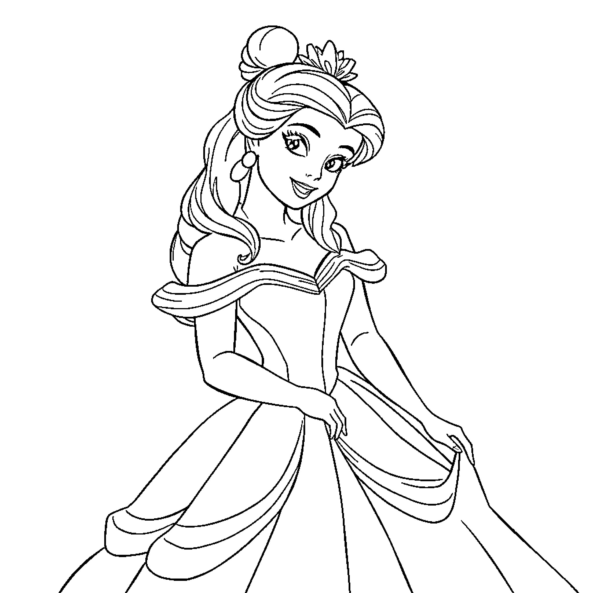 Belle in her elegant dress, smiling and reading Coloring Page (free black-and-white line drawing printable PDF for all, from beginners to advanced learners, including children, teens, adults, and seniors)