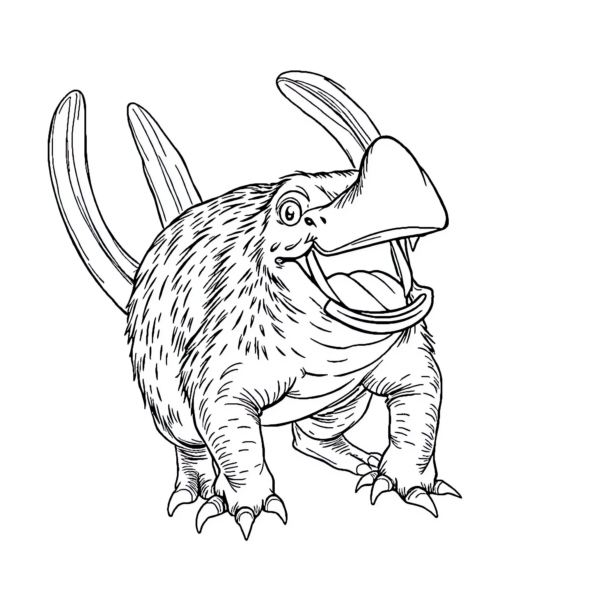 Platypus with large mouth and sharp teeth Coloring Page (free black-and-white line drawing printable PDF for all, from beginners to advanced learners, including children, teens, adults, and seniors)