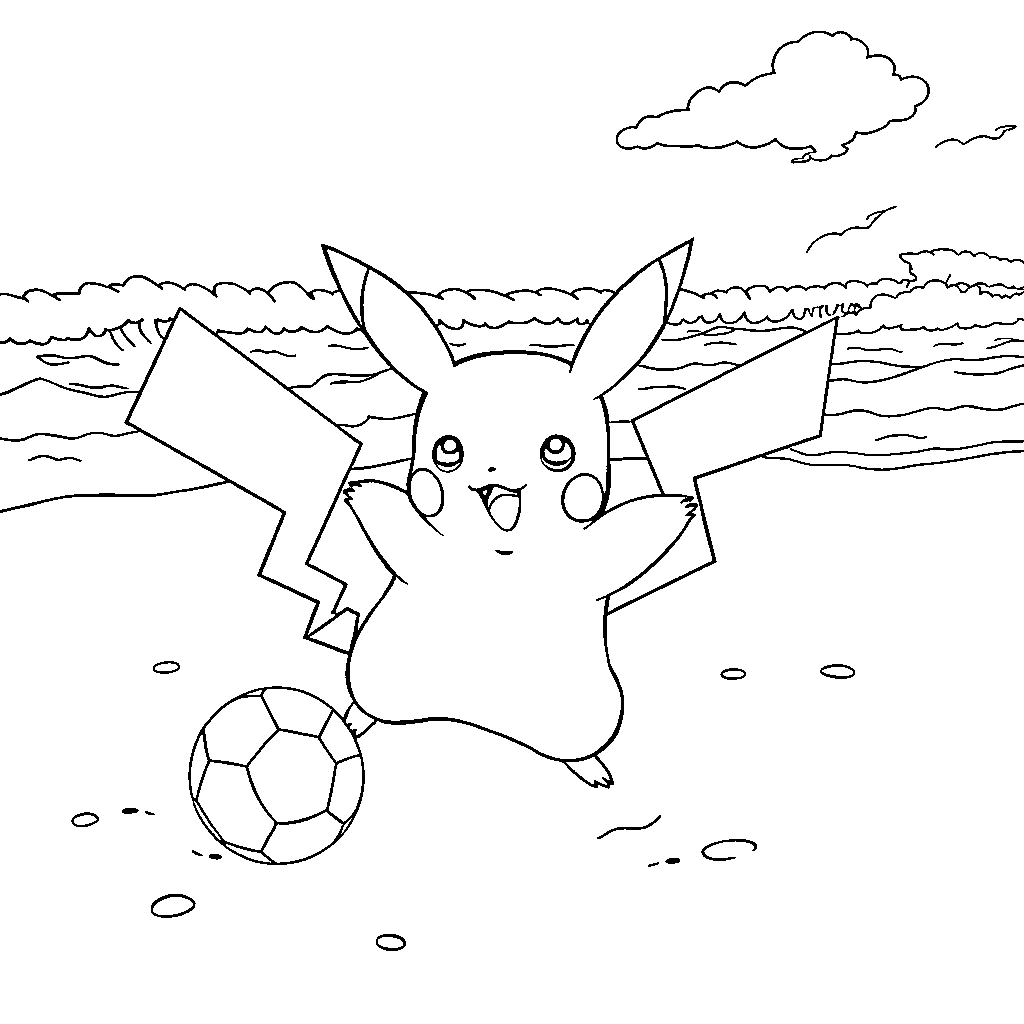 Pikachu playing with a soccer ball on the beach Coloring Page (free black-and-white line drawing printable PDF for all, from beginners to advanced learners, including children, teens, adults, and seniors)