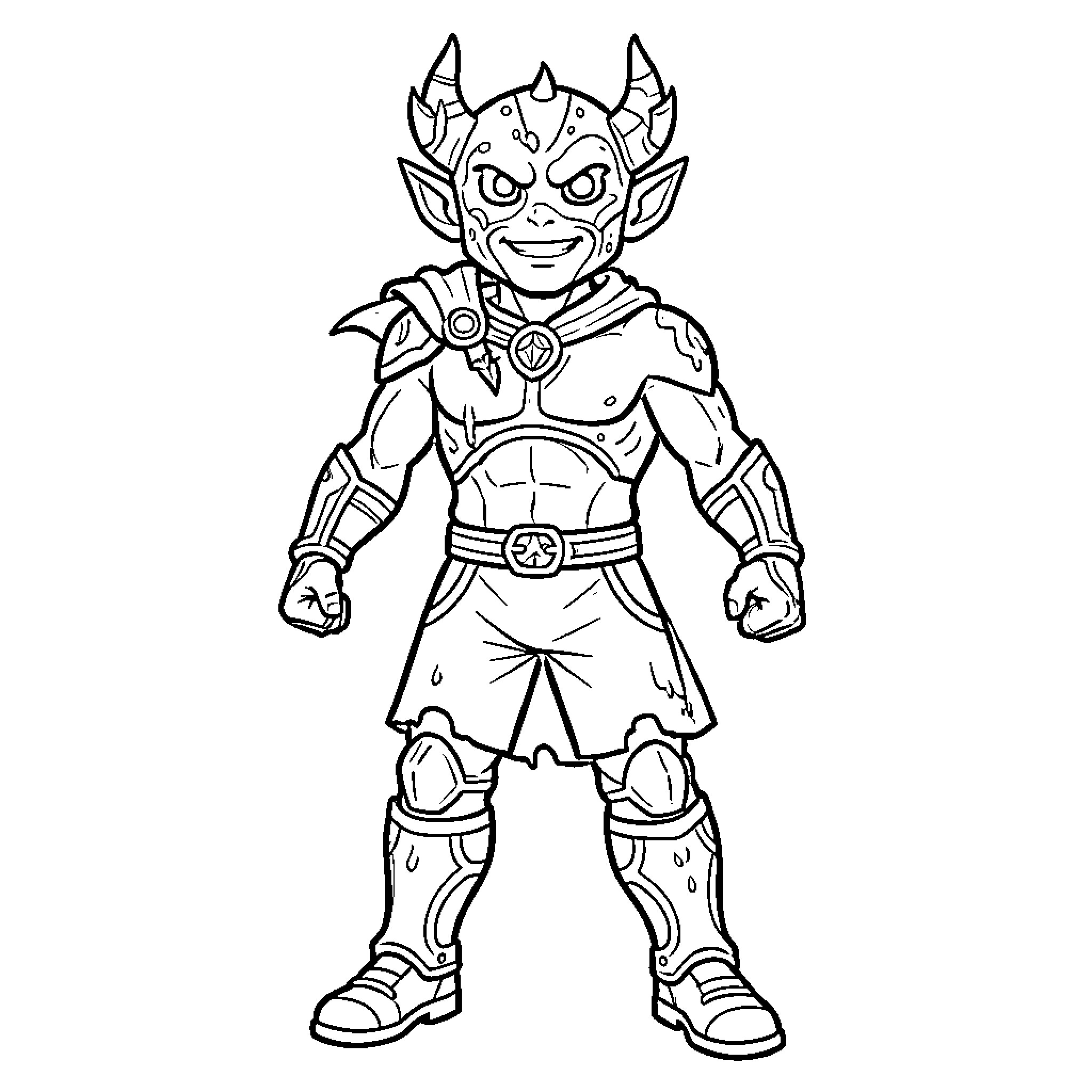 Invincible demon warrior standing in a powerful pose Coloring Page (free black-and-white line drawing printable PDF for all, from beginners to advanced learners, including children, teens, adults, and seniors)