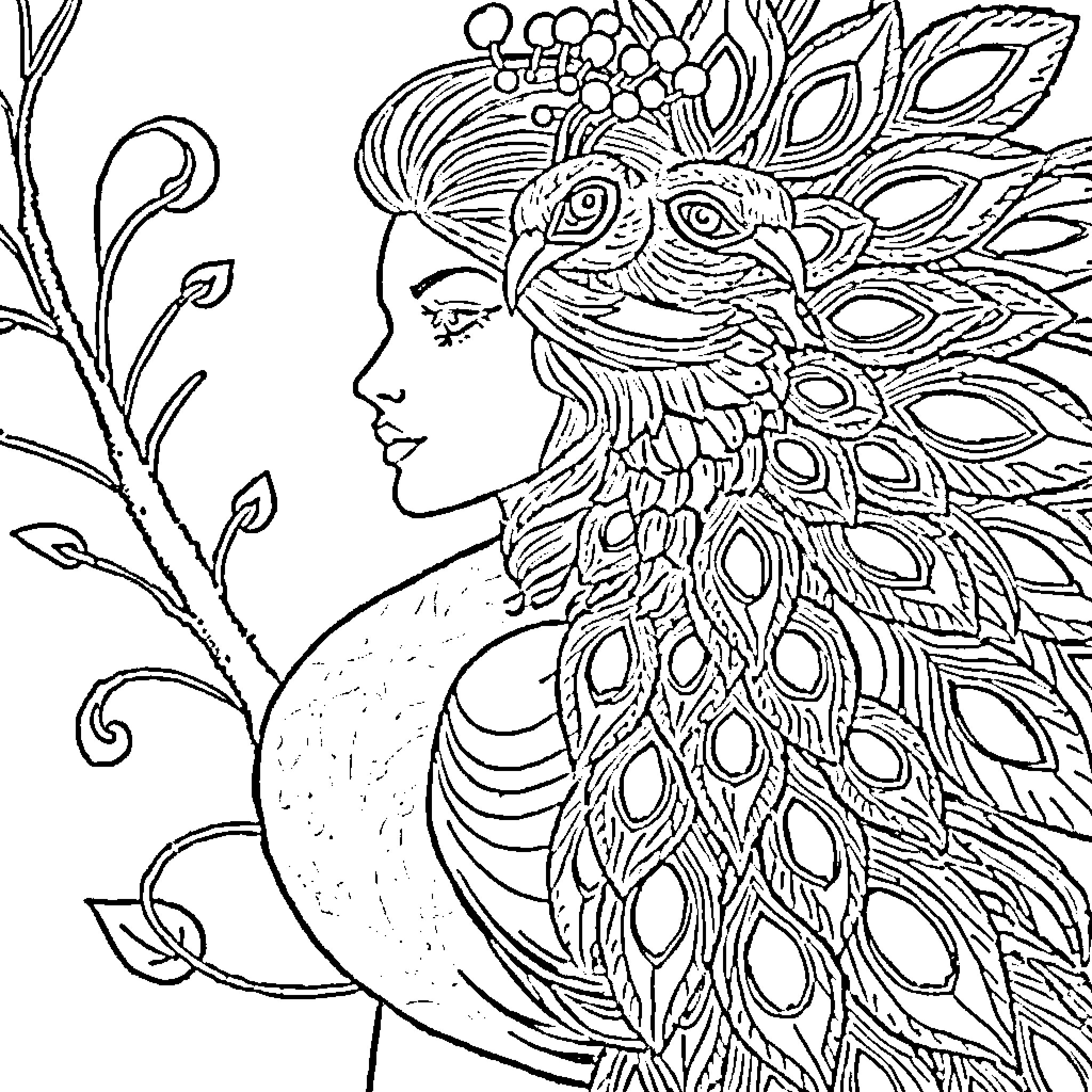 Peacock goddess adorned with intricate feathers Coloring Page (free black-and-white line drawing printable PDF for all, from beginners to advanced learners, including children, teens, adults, and seniors)