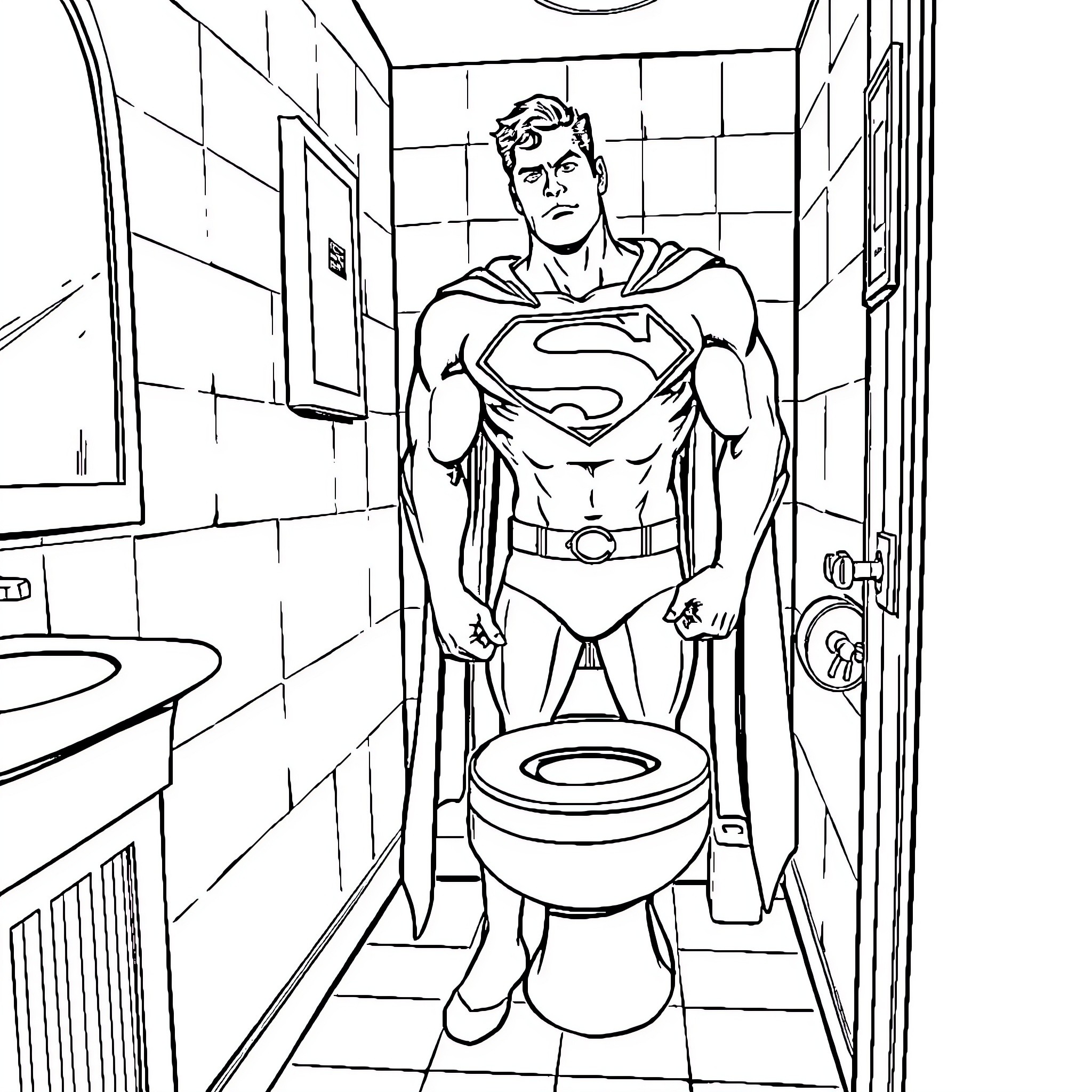 Superman saving the day in the bathroom Coloring Page (free black-and-white line drawing printable PDF for all, from beginners to advanced learners, including children, teens, adults, and seniors)