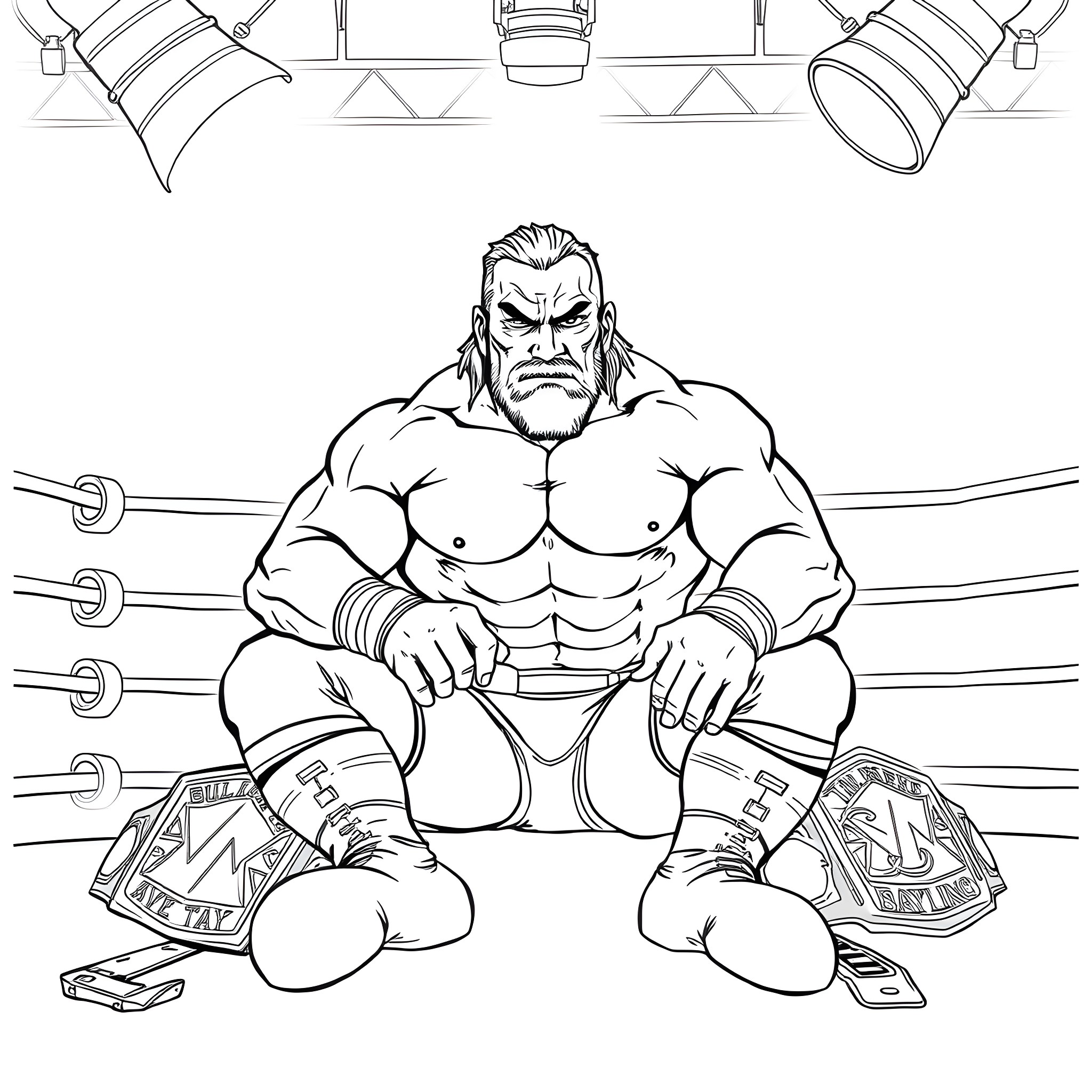 Wrestler's intense focus in the ring Coloring Page (free black-and-white line drawing printable PDF for all, from beginners to advanced learners, including children, teens, adults, and seniors)