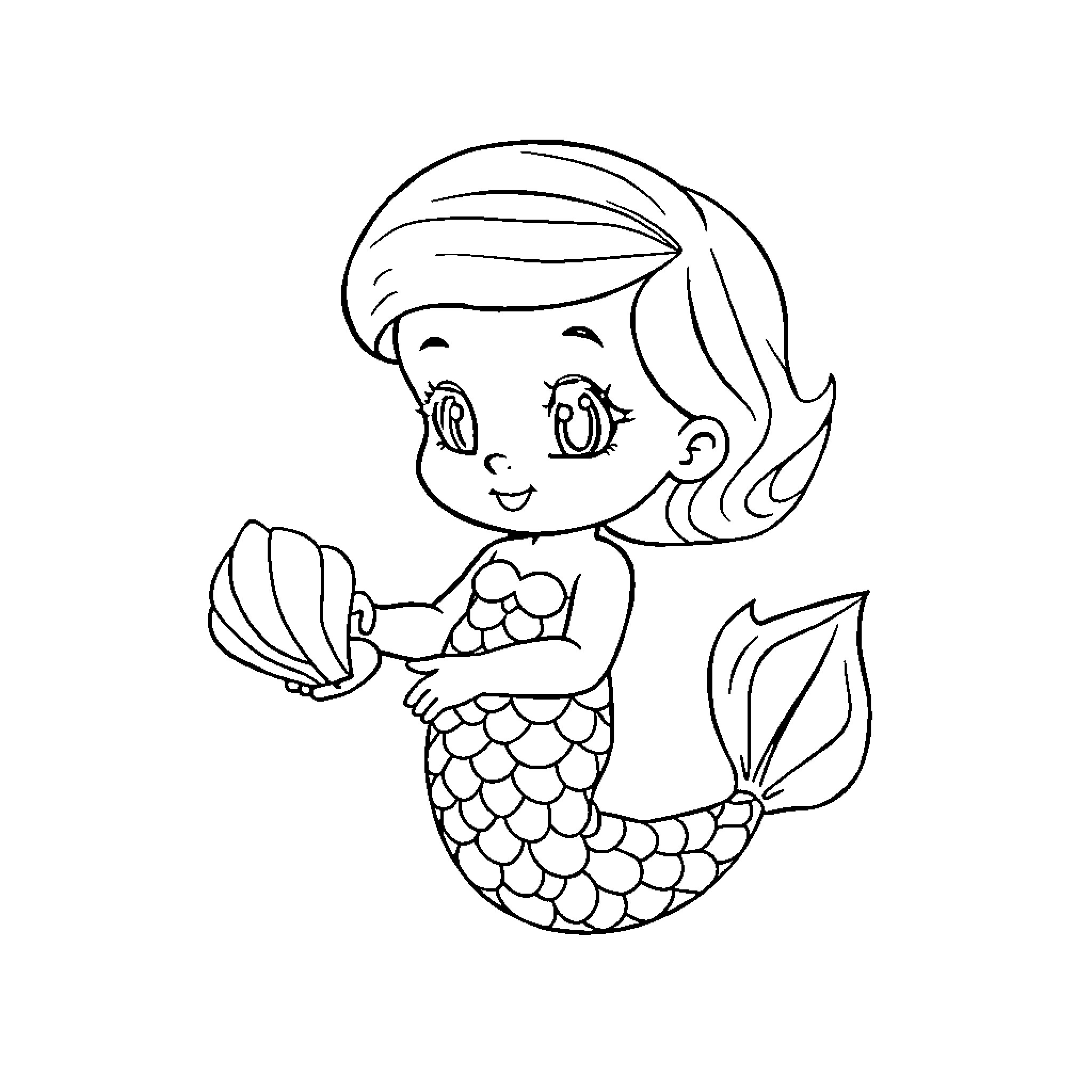 Mermaid holding a seashell with a joyful expression Coloring Page (free black-and-white line drawing printable PDF for all, from beginners to advanced learners, including children, teens, adults, and seniors)