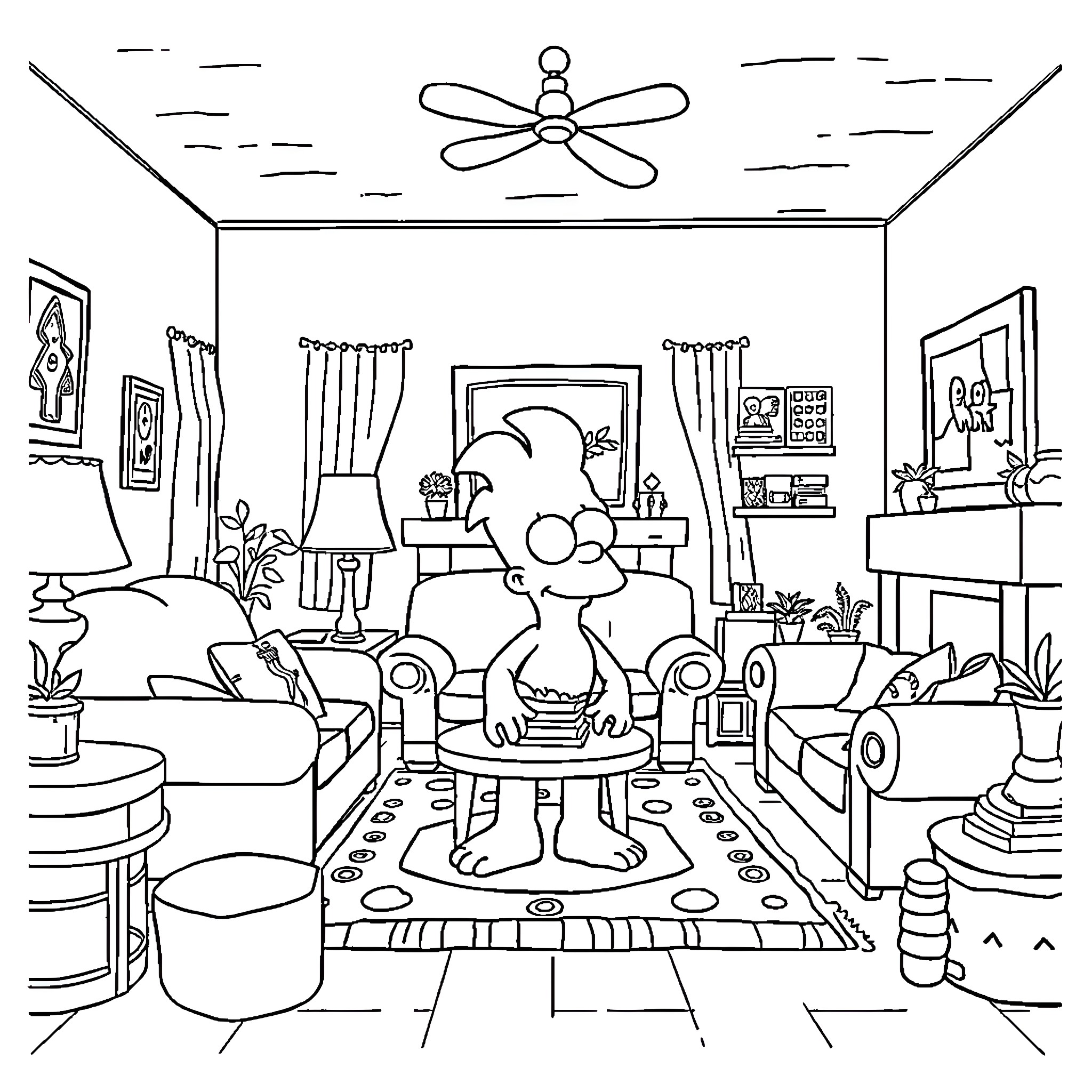 Spawn chilling in a cozy living room Coloring Page (free black-and-white line drawing printable PDF for all, from beginners to advanced learners, including children, teens, adults, and seniors)