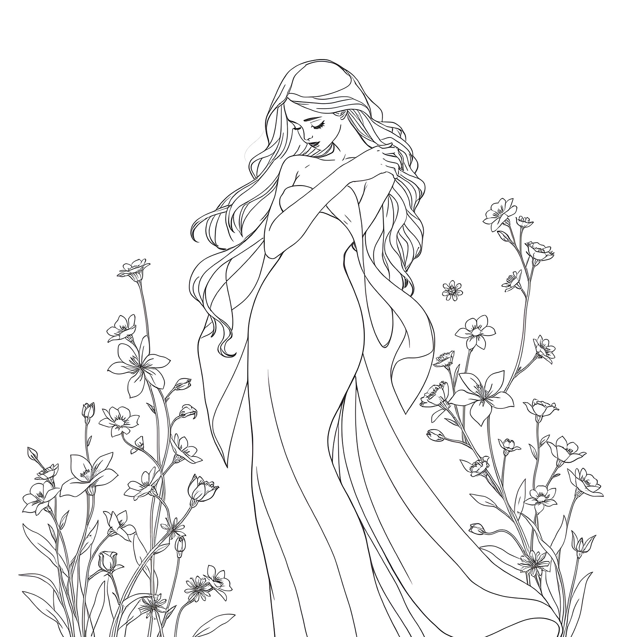 Woman in elegant dress surrounded by flowers Coloring Page (free black-and-white line drawing printable PDF for all, from beginners to advanced learners, including children, teens, adults, and seniors)